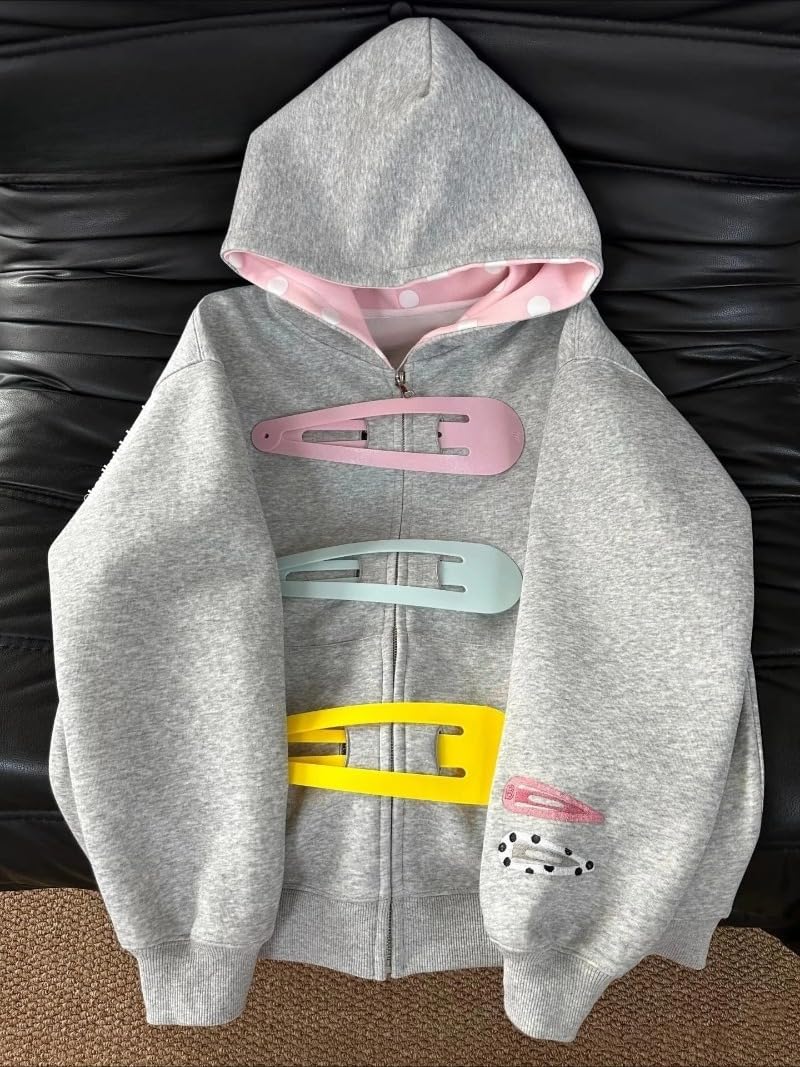 Y2K Damen-Kapuzenjacke mit Reißverschluss, gepunktet, große Haarspangen, Oversize, Harajuku, lässige Kapuzenjacke, Streetwear