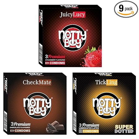 NOTTY BOY Super Dotted 1500 Extra Dots, Chocolate And Juicy Strawberry Flavoured Condoms pack (3sx3, 9 sheets)