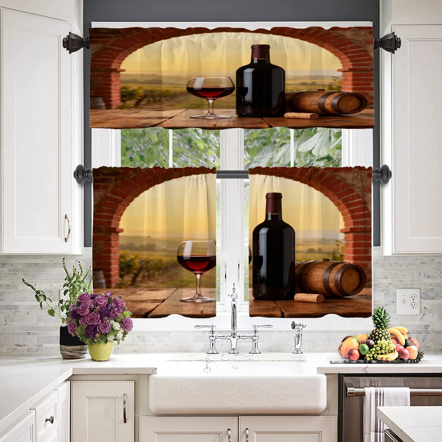 Red Romantic Wine Kitchen Valances for Windows,Khaki Elegant Wine Glass Blackout Valances Curtains Multilayer Polyester Drapes for Kitchen Bedroom 2 Pack 52X16 Inches
