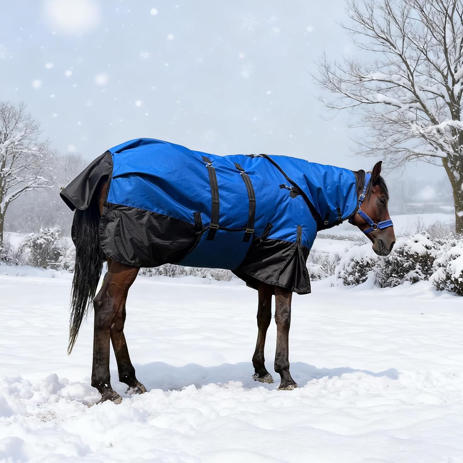 Horse Turnout Blanket, Heavy Weight Horses Blanket with 300g Poly Filling, Neck Cover & Belly Wrap, 1680D Waterproof Winter Blankets for Horses (Blue, US78 in(EU 145 cm))