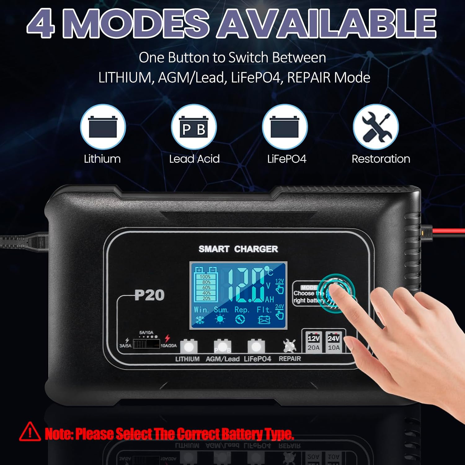20 Amp Car Battery Charger, 12V and 24V LiFePO4 Battery Charger (AGM/SLA/Gel/Wet/VRLA…), Trickle Charger for Optimal Performance of Automotive,RV,Lawn Mower,Golf Cart,and Marine Batteries