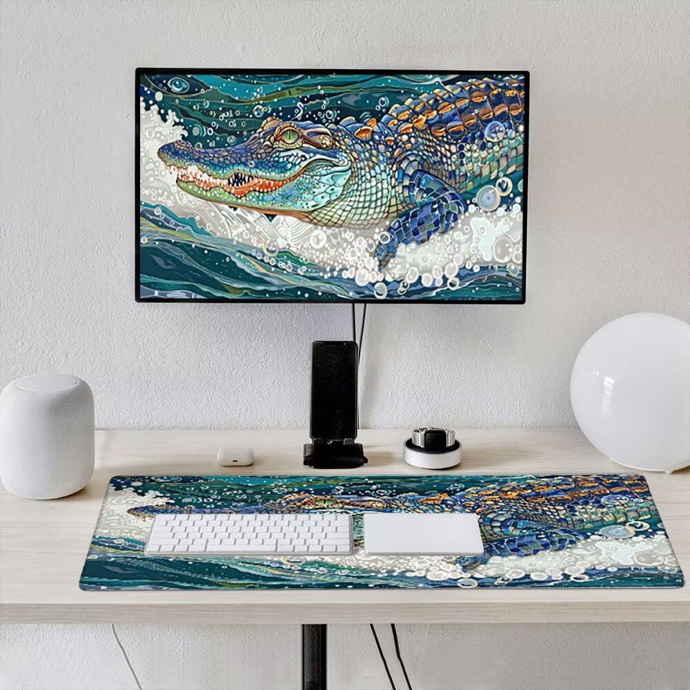 Duża podkładka pod mysz do gier XXL 1200 x 600 x 3 mm z zszytymi krawędziami, trwała antypoślizgowa podstawa z naturalnej gumy, zmywalna podkładka na klawiaturę, gry, dom biuro, abstrakcyjny krokodyl