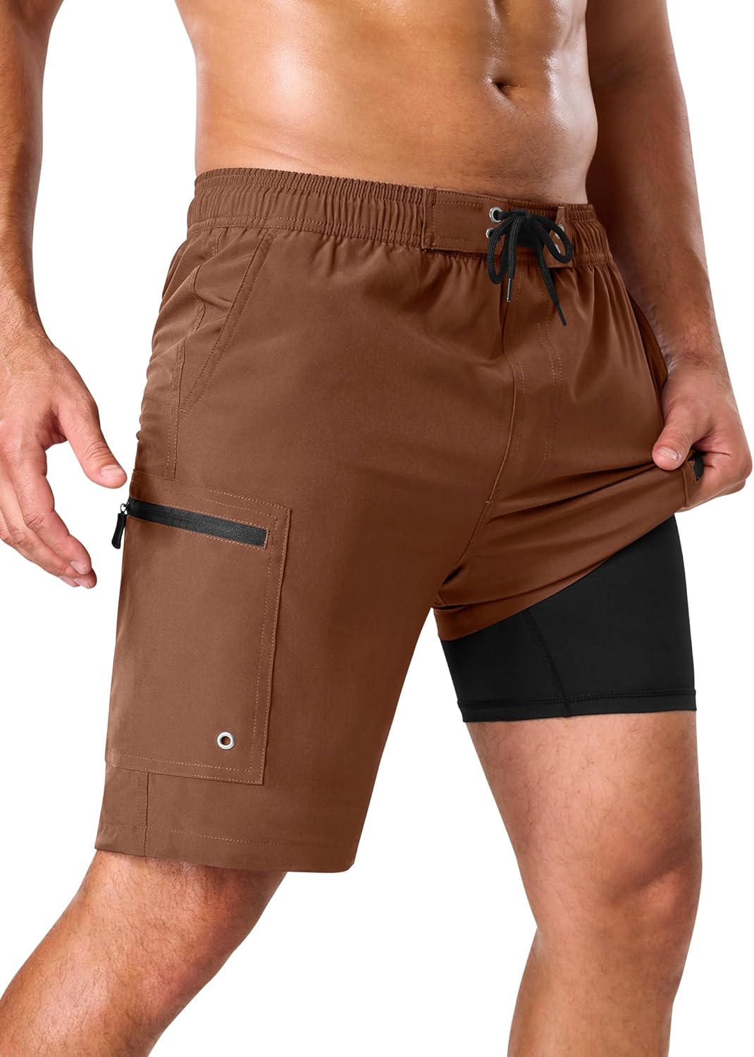 SILKWORLD Mens Swim Trunks Compression Lined Swimming Shorts 9" Quick-Dry Bathing Suits with Zipper Cargo Pockets