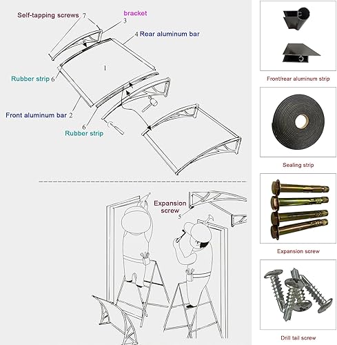 Miniatura 9 de Cubierta de policarbonato azul, toldo de ventana de aleación de aluminio, toldo para puerta, toldo para patio, porche, refugio, patio, terraza,
