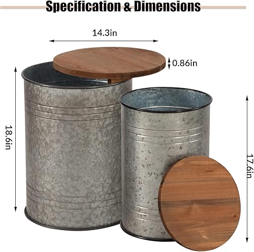 Miniatura 3 de Poofzy Juego de 2 mesas auxiliares de granja, mesa auxiliar de metal galvanizado con tapa de madera, mesa auxiliar de almacenamiento para sala de