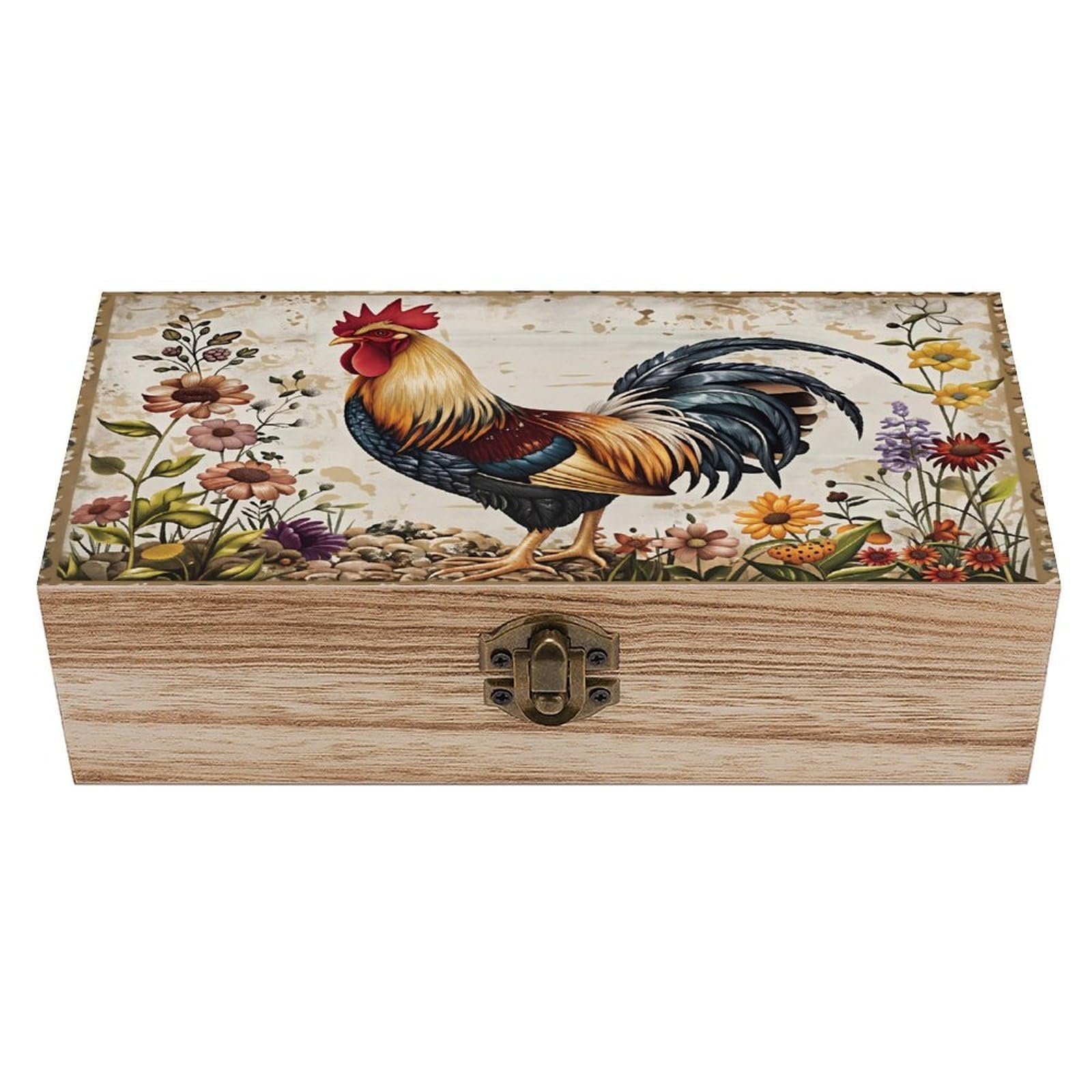 HLBSDM Colorful Rooster And Floral Vintage Wooden Keepsake Box with Hinged Lid And Locking Clasp, Decorative Storage Box for Jewelry, Trinkets And Small Accessories, Organizer for Home Or Wedding