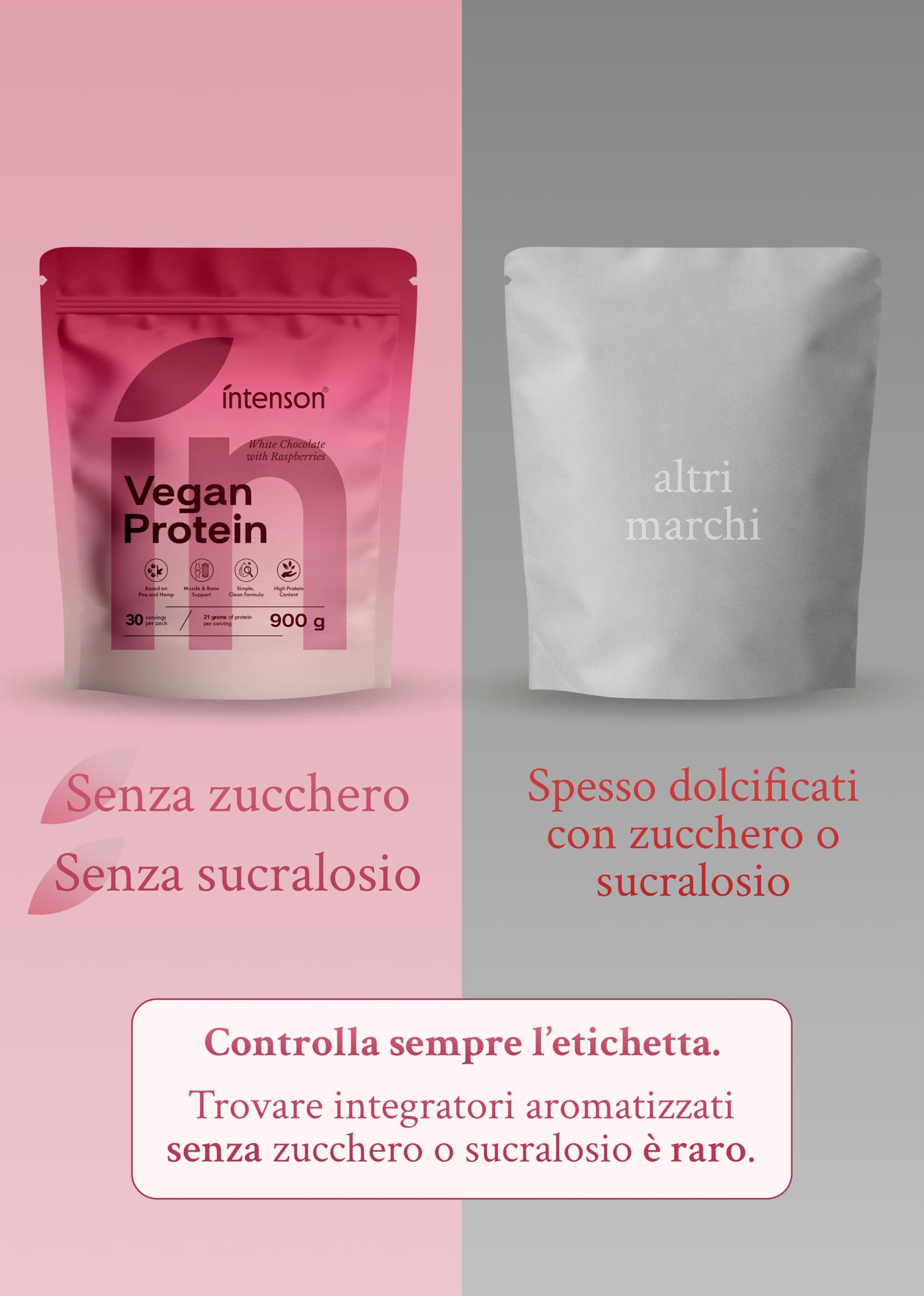 Intenson Vegan Protein Powder Cioccolato Bianco Lampone, 900 g, 21 g Proteine per Porzione, 30 Porzioni, Pisello e Canapa, 100% Vegetale, Senza Lattosio, Senza Glutine, Senza Zucchero, Formula Clean