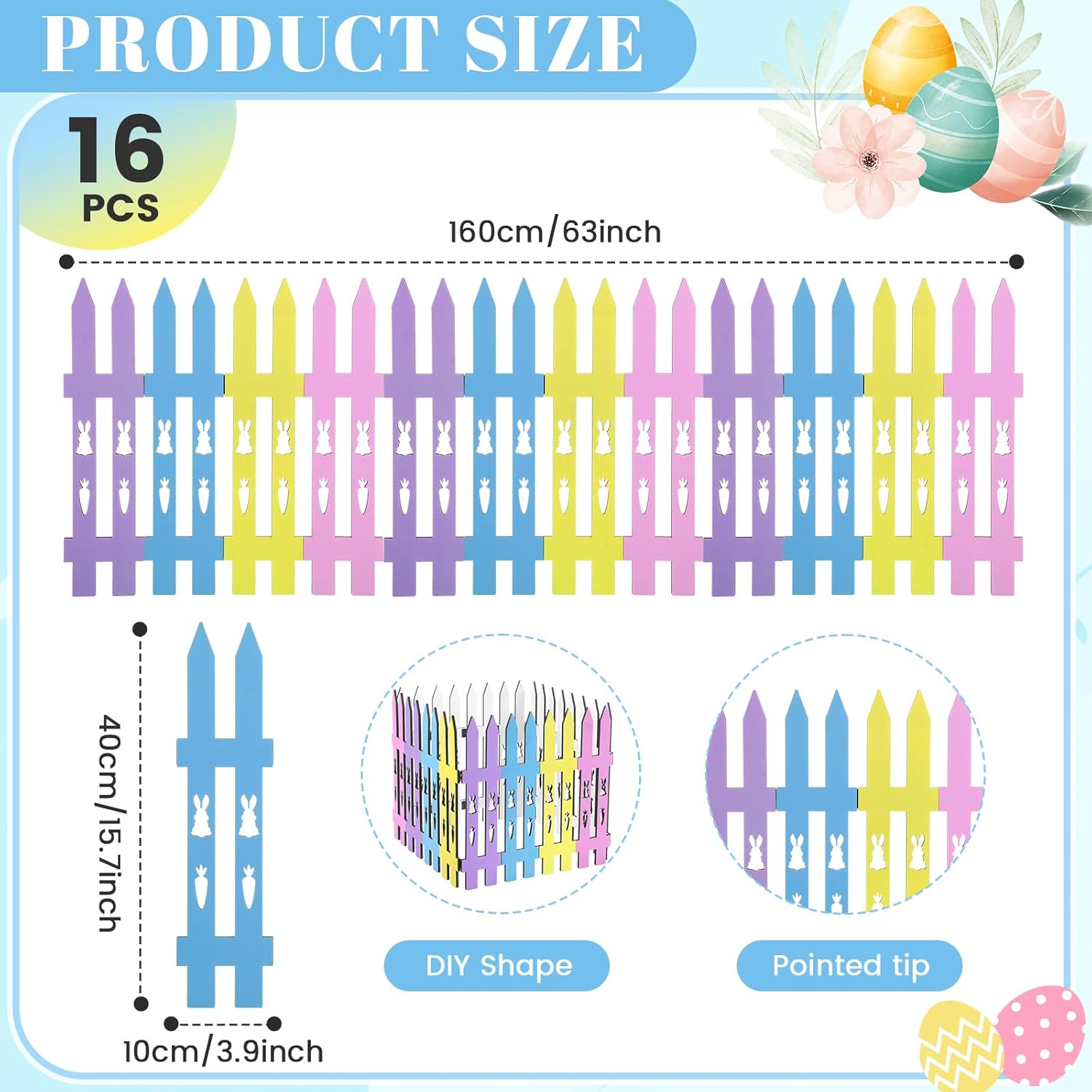 Chunful 16 Pcs Wooden Easter Bunny Garden Fence Garden Border Edging Decorative 15.7" H x 63" Landscape Border Edging Ornamental Fence for Home School Lawn Flower Beds