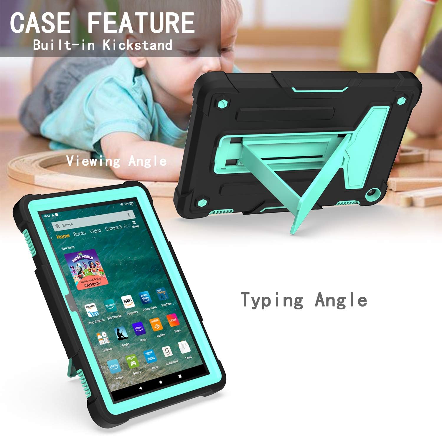 Hot Deals Shockproof Case for Amazon Fire HD 8 2020, Techcircle Heavy Duty 3-Layer Bumper Defender Rugged Case with Multi-Angle Kickstand Anti-Slip Silicone+Plastic Hybrid Cover for HD8/8 Plus 2020, Black+Green