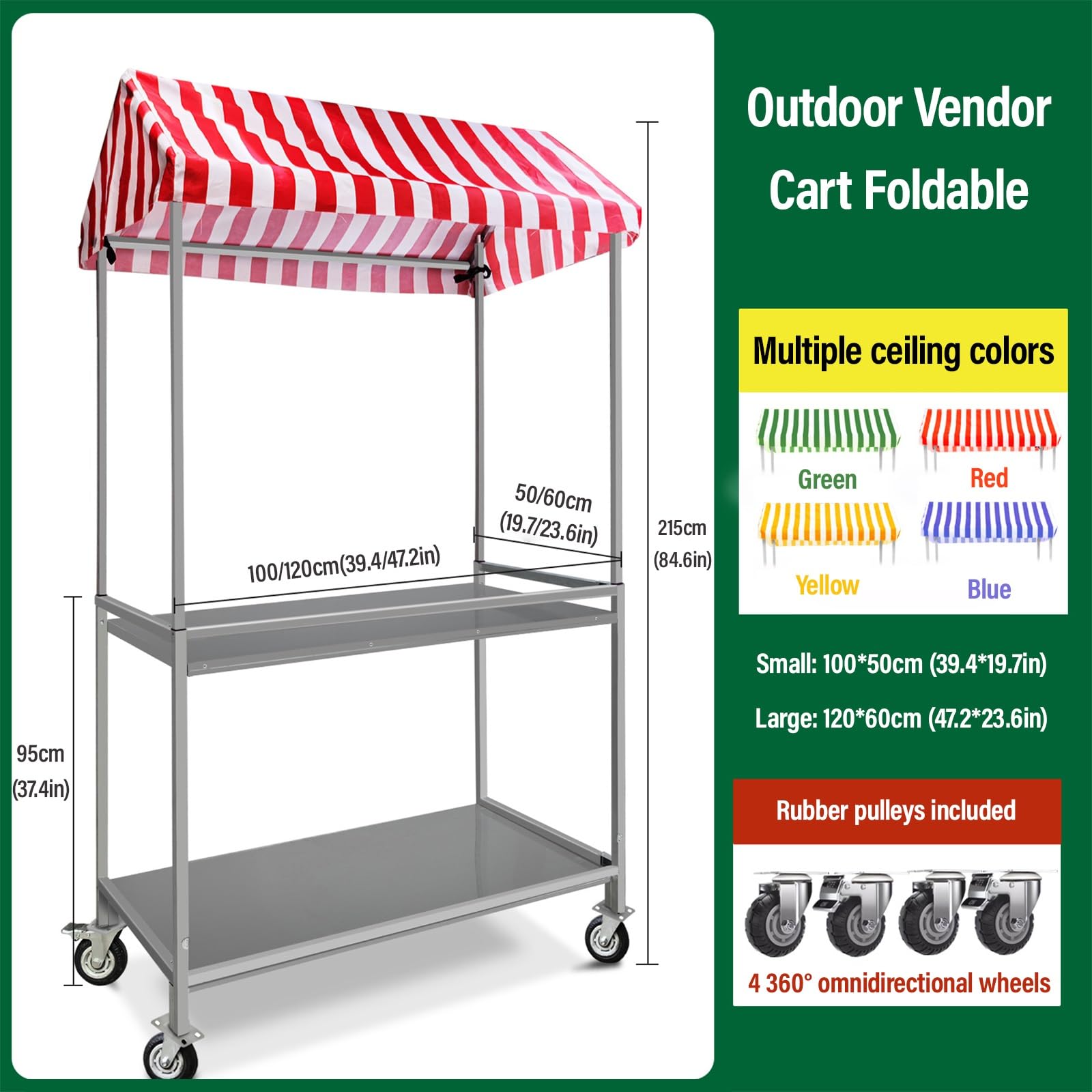 Marktstand Verkaufsstand Mobiler Verkaufswagen, Faltbarer Outdoor-Food-Cart Mit Gestreifter Markise, Doppellagigen Ablagen Und Feststellbaren Rollen, Für Märkte, Street-Food, Getränke & Events