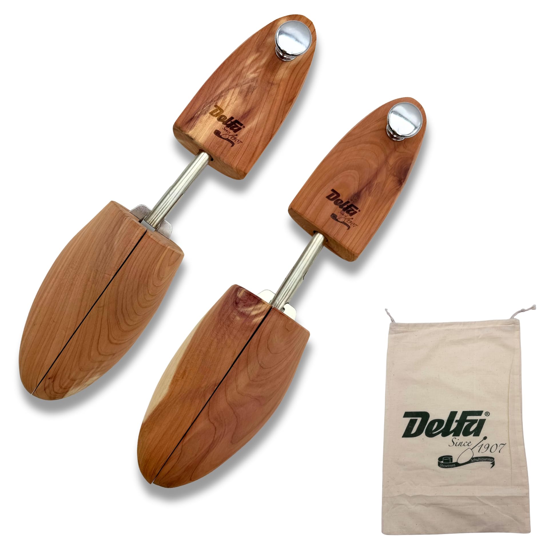 DELFA Cedar Premium Schuhspanner Gr.40/41 bis 46/48 | 5 Paar, mit exklusivem Schuhbeutel, naturbelassenes Holz aus der Red Cedar