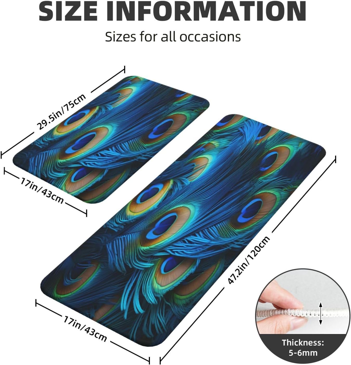Peacock Blue Feather Kitchen Rugs Mats Set of 2 Pcs Non-Slip Floor Mats Washable Runner Rugs Set for Bathroom Laundry Hallway Kichen Comfort Standing Mat