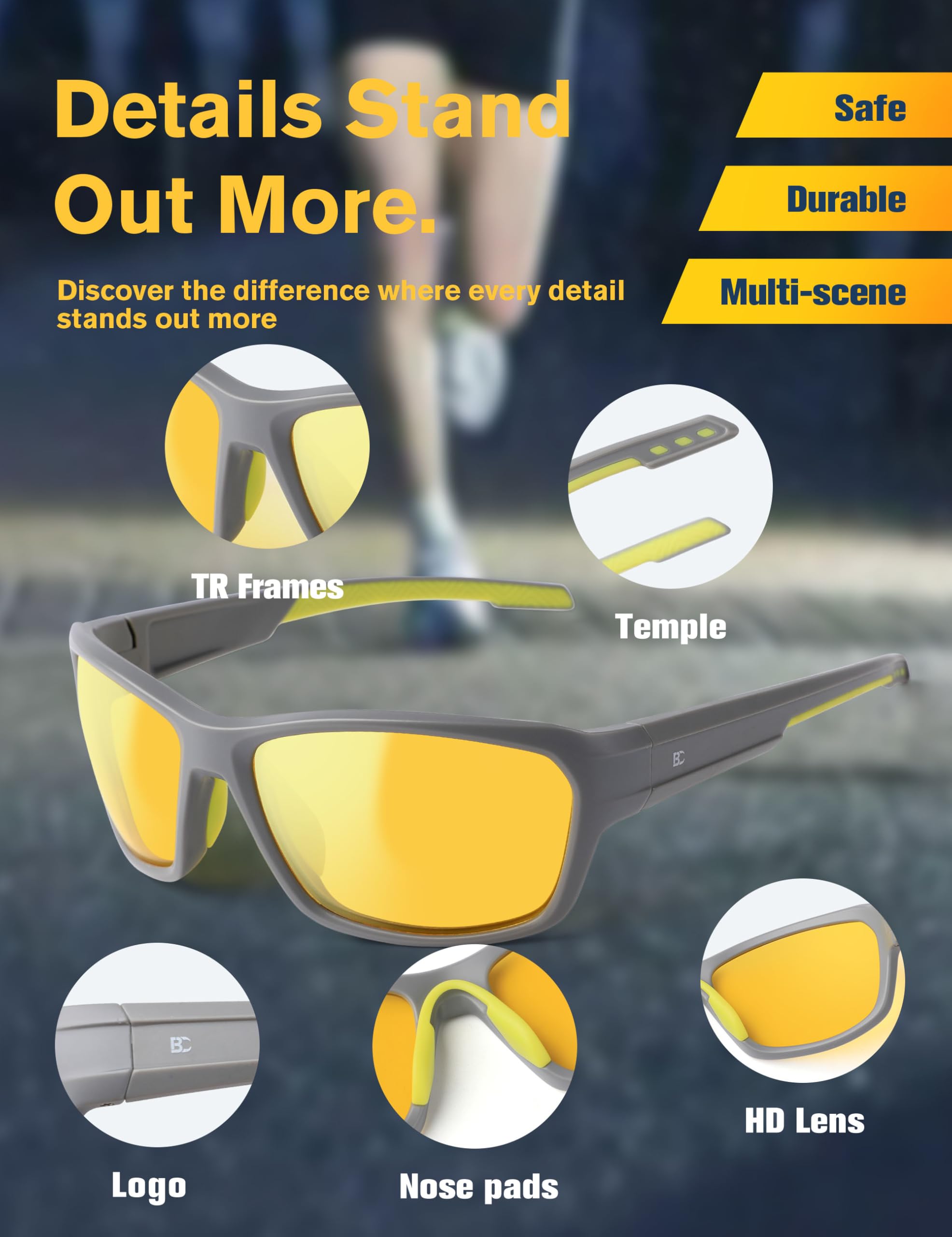 Occhiali da guida notturna per uomo: TR90 antiriflesso HD visione notturna occhiali da guida gialli colorati per la corsa