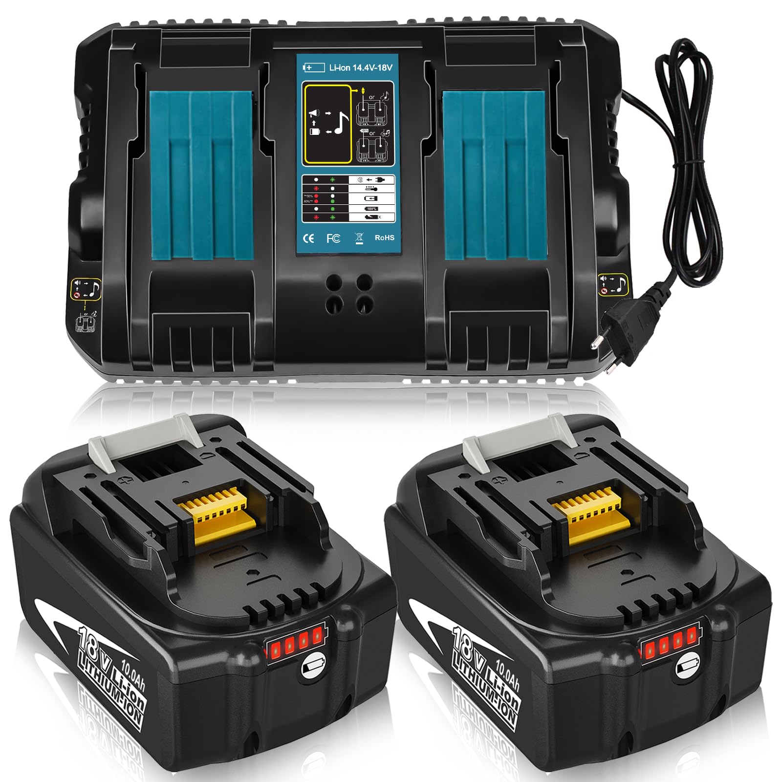 2Stück 10000mAh akku Kompatibel für Makita Akku 18V mit 1Stück Ladegerät Kompatibel für Makita Ladegerät 18V DC18RCT 14.4V-18V