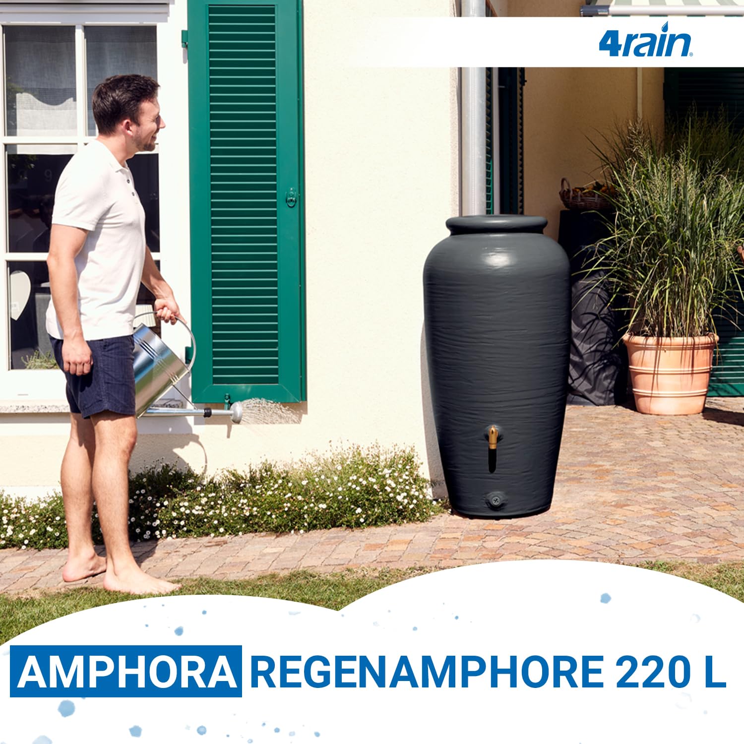 4rain Amphora Regentonne 220 Liter Graphitgrau Regenamphore mit Auslaufhahn | Anschluss-Set Frostsicherer Regenwassertank Regenwassertonne Wassertonne für Garten Wasserfass Amphoren-Optik