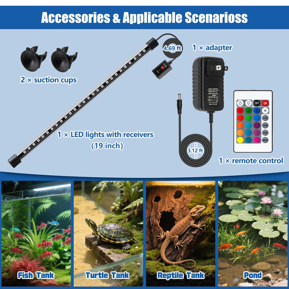 Luz LED para acuario con IP68 impermeable y función de memoria, luz sumergible para pecera con control remoto y 16 colores, 19 pulgadas de brillo ajustable, barra de luz subacuática para