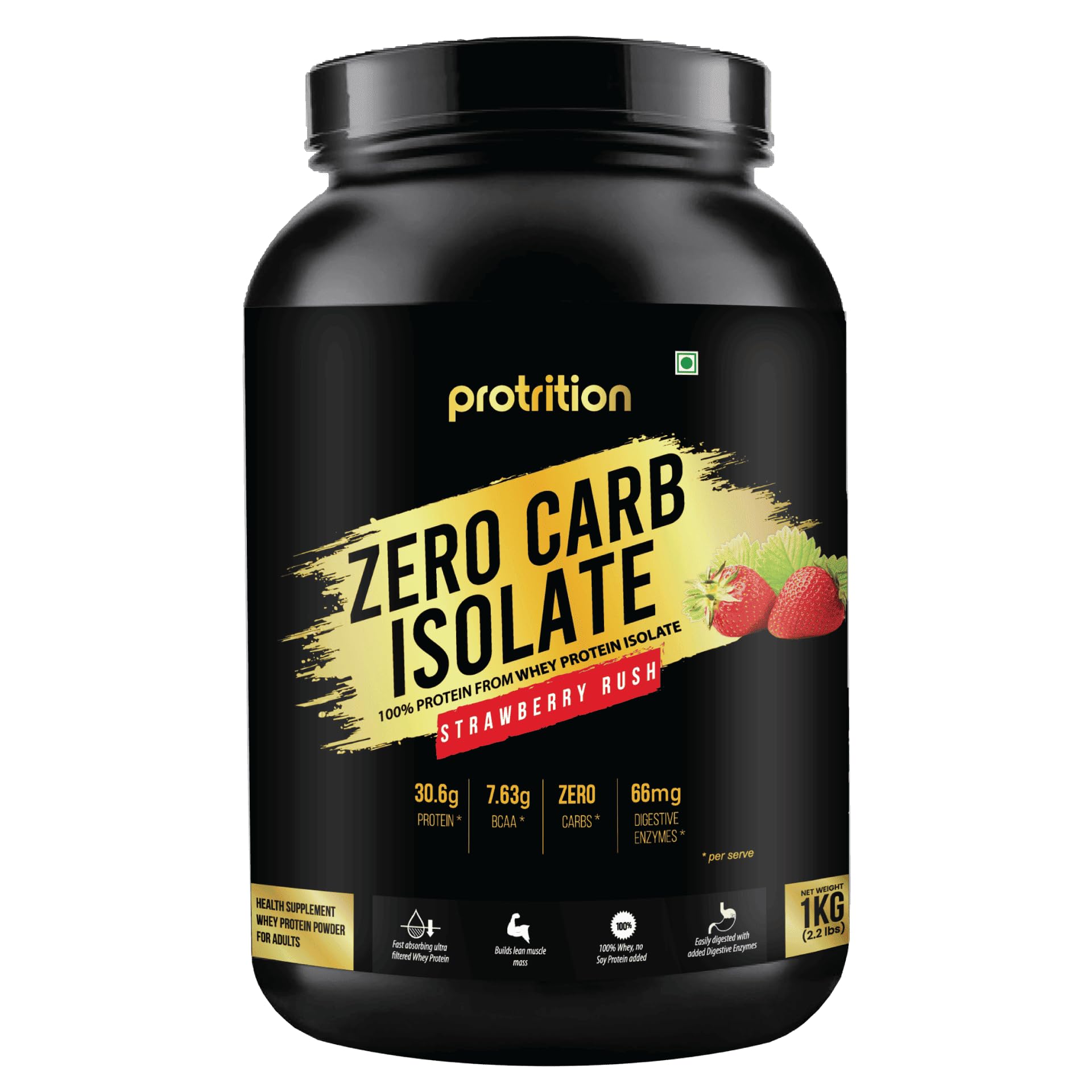 Protrition Zero Carb Whey Protein Isolate Powder | Strawberry Rush, 1 Kg (30 Servings) | 31.3g Protein, 7.5g BCAA per SCOOP | Added Digestive Enzymes