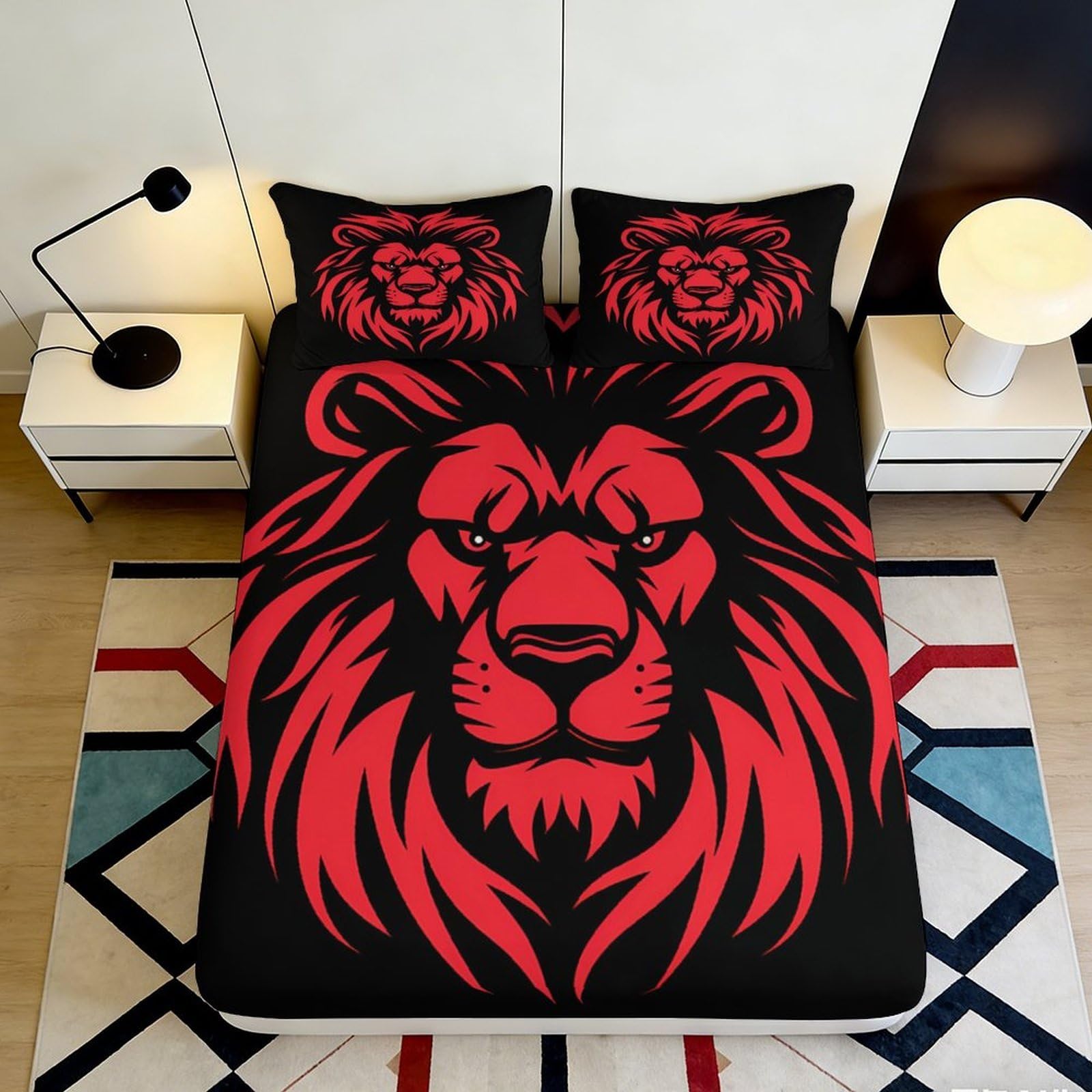 Uxinyoume Style-2 3D Printed Red Lion Fitted Sheet Microfiber Soft Black Bed Cover For Bedroom Decor Dorm Mattress Protection 90X200x25cm