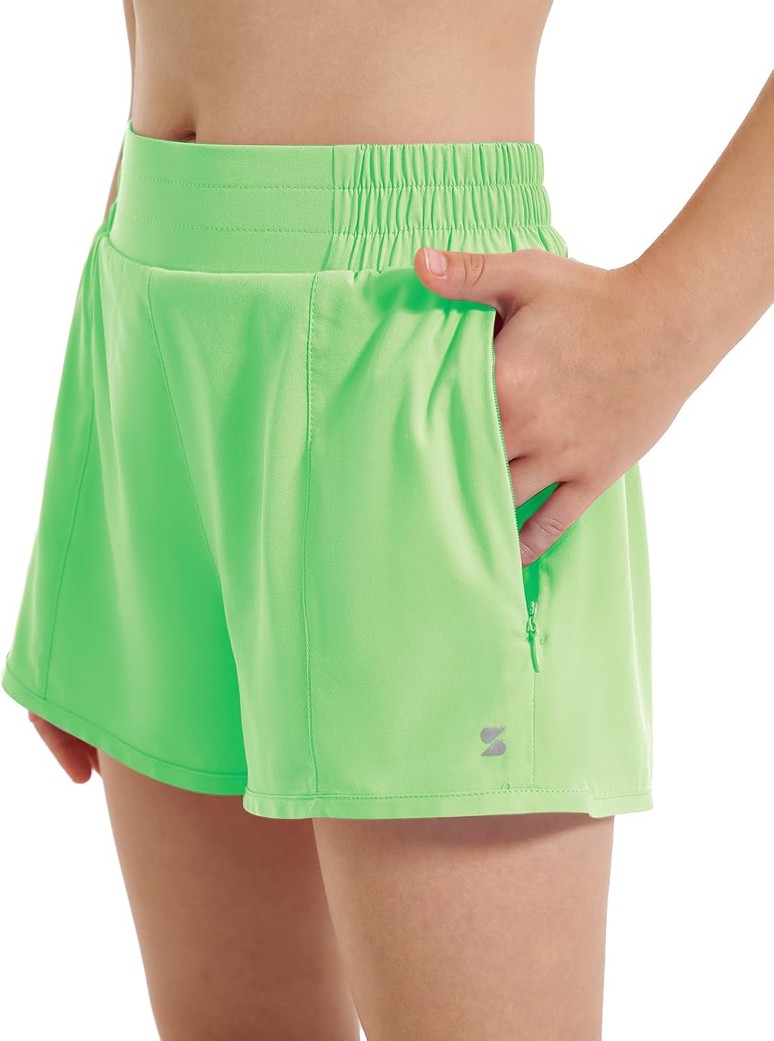 Stelle Girls Athletic Shorts with Built-in Liner Zipper Pockets High Elastic Waist Running Shorts for Teen Youth Girls