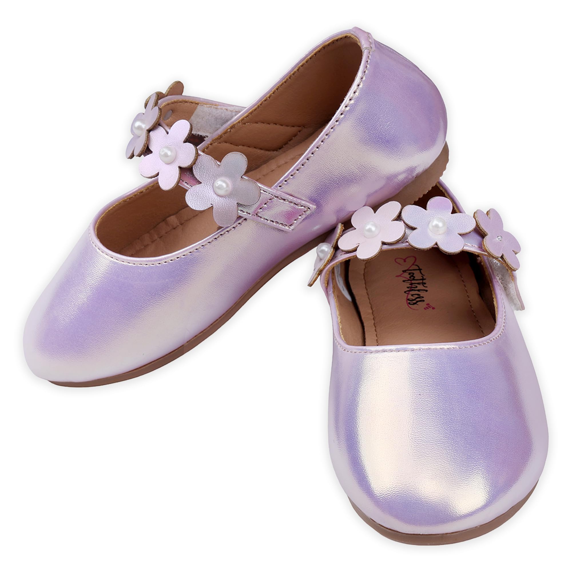 toothless Kids Girls Ballerinas | Iridescent Princess Style Ballerinas with Flower Strap | Comfortable Slip-On Ballet Flats, Festive Occasions & Wedding