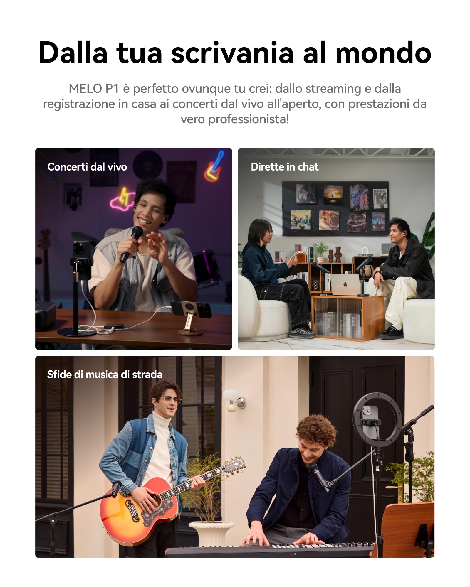 Hollyland MELO P1 Solo: Sistema Microfono Wireless All-in-One con Mixer Audio, Cancellazione Rumore AI, Oltre 100 Preset & 9 Effetti Studio per Registrazione Musicale, Podcast e Streaming