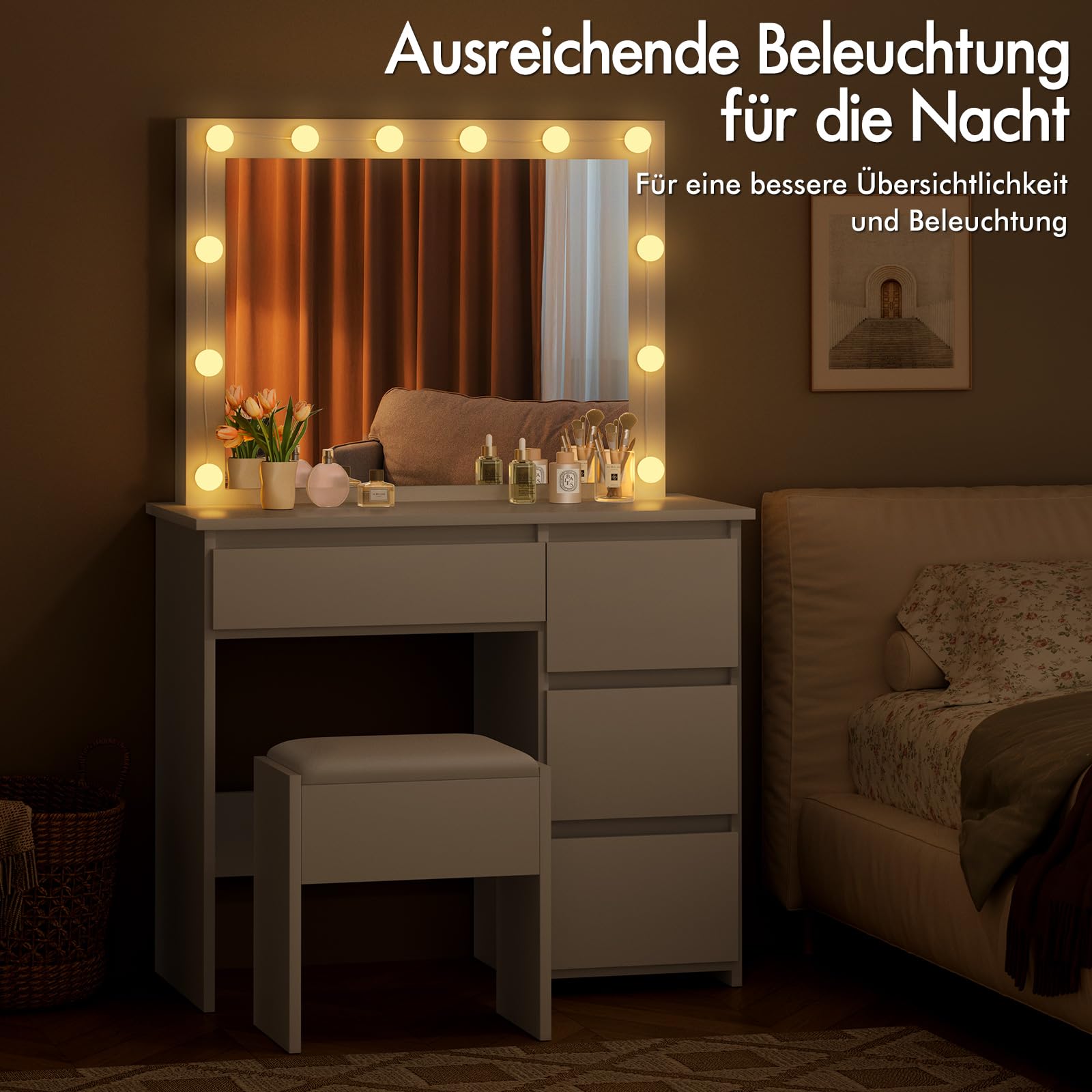 ALFORDSON Schminktisch Spiegel, Makeup Vanity 4 Schubladen und Aufbewahrungshocker, 90 cm Lange Schreibtischplatte, verstellbare LED-Leuchten, Schlafzimmer-Frisiertisch Frauen Mädchen,Weiß