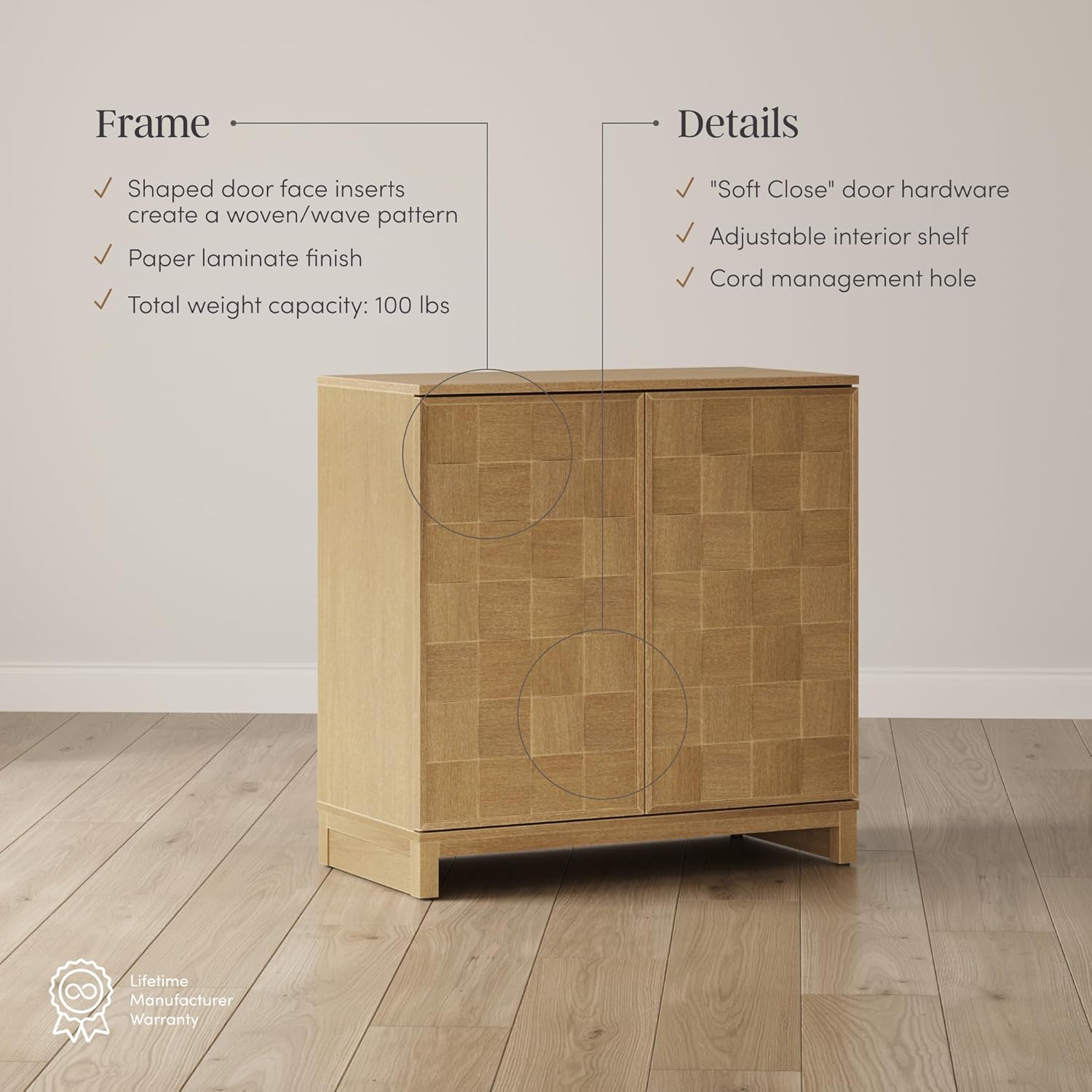 Nathan James Paige Mid Century Modern Bar Cabinet Credenza, Light Wood Accent Cabinet with Sculpted Doors and Interior Adjustable Shelf, Light Brown