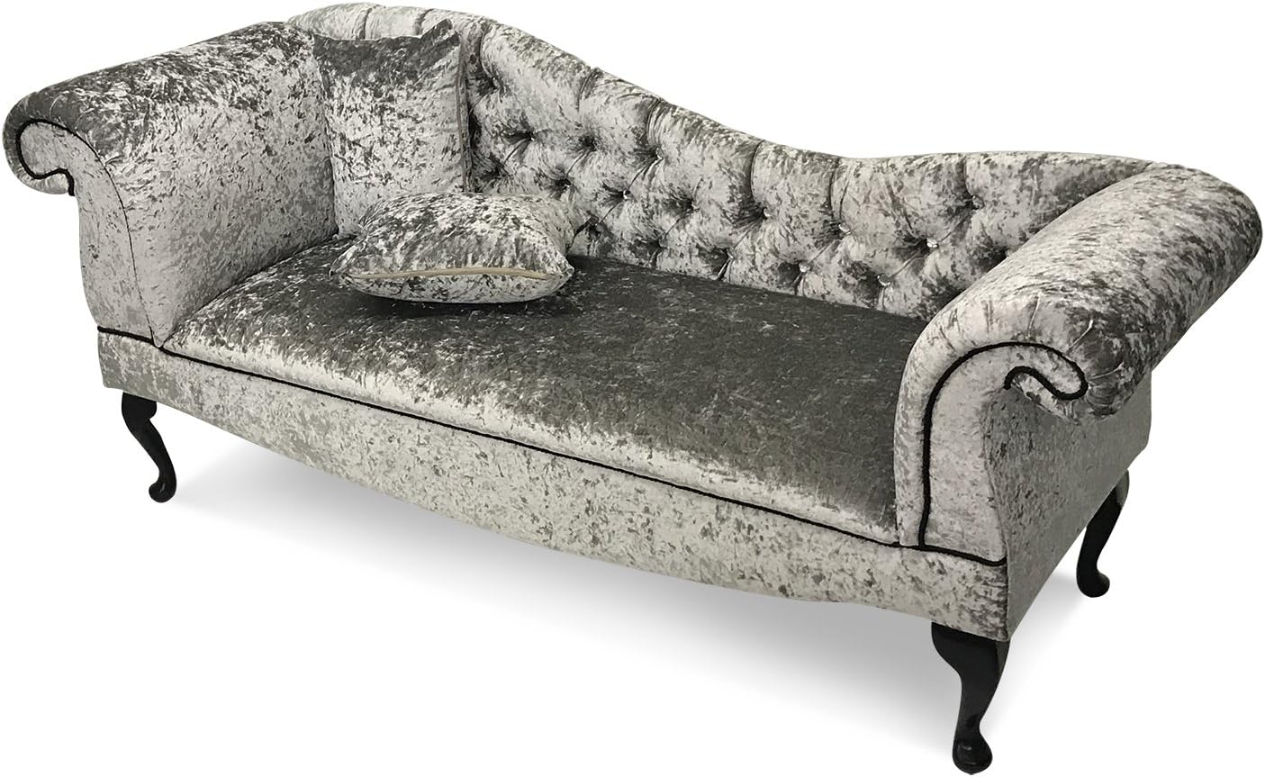 Paradise Furniture Crushed Silver Velvet Tufted Chaise Lounge Sofa Lounger Classic Button Style