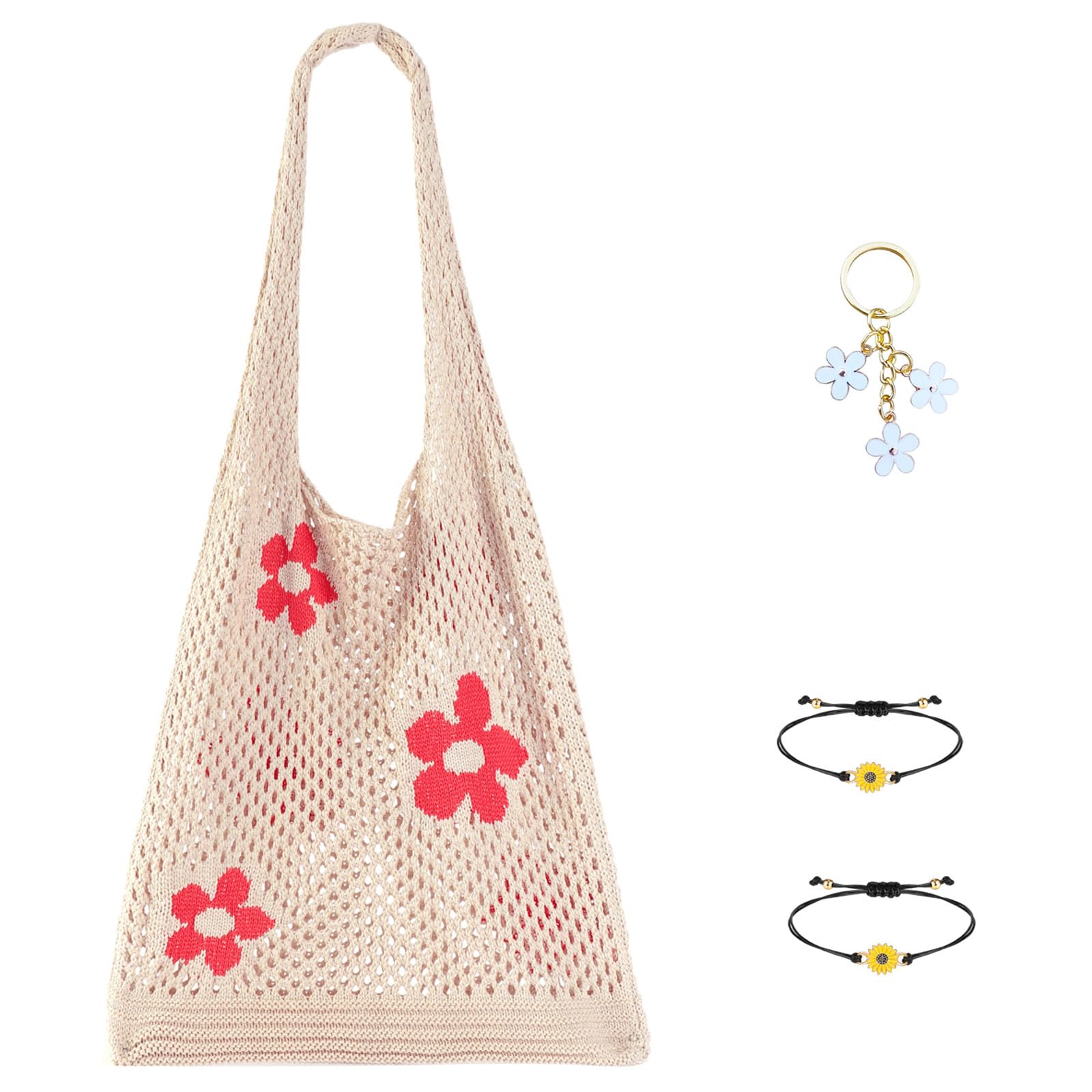 Joizomou Crochet Tote Bag with Cute KeyChain Sunflower Bracelet - Aesthetic Mesh Beach & Pool Hobo Bag