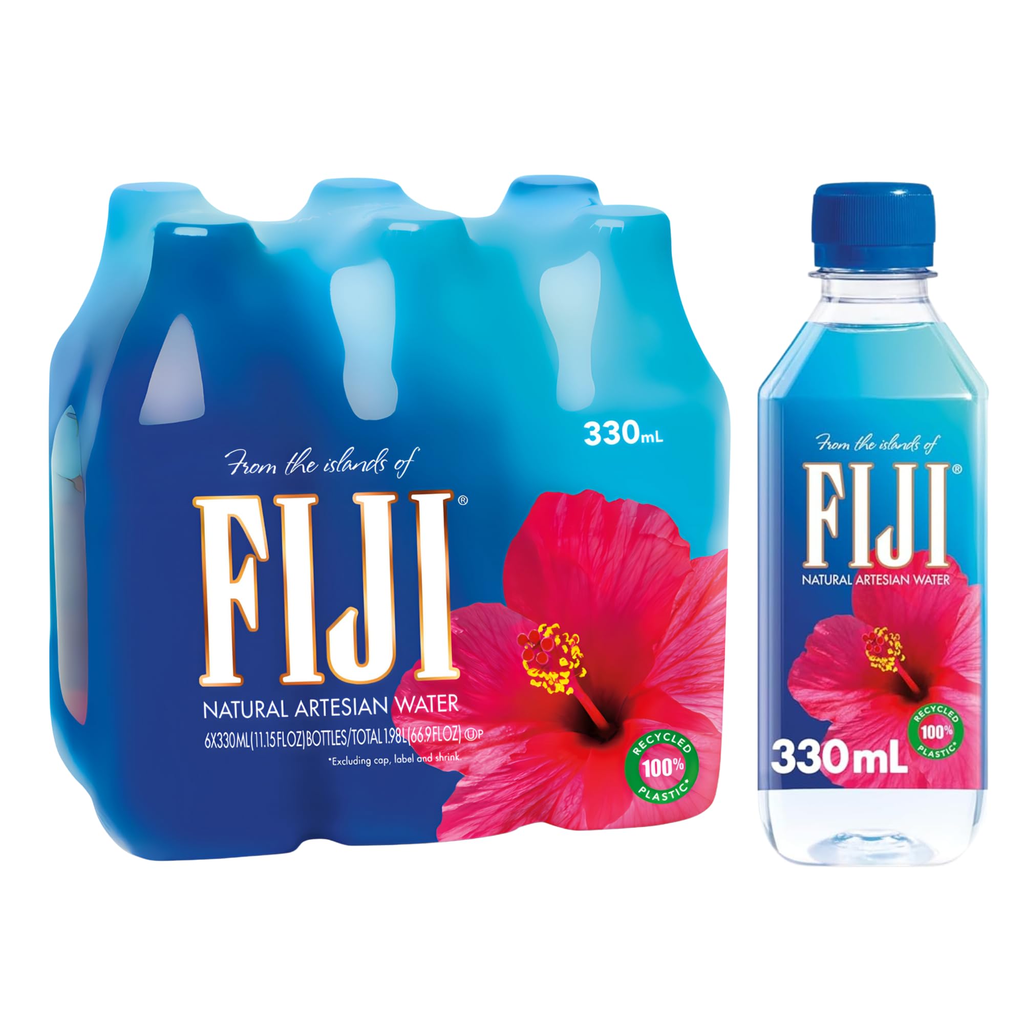 FIJINatural Artesian Water 330 mL / 11.15 Fl Ounce Bottle (Pack of 6) - 100% Recycled Plastic