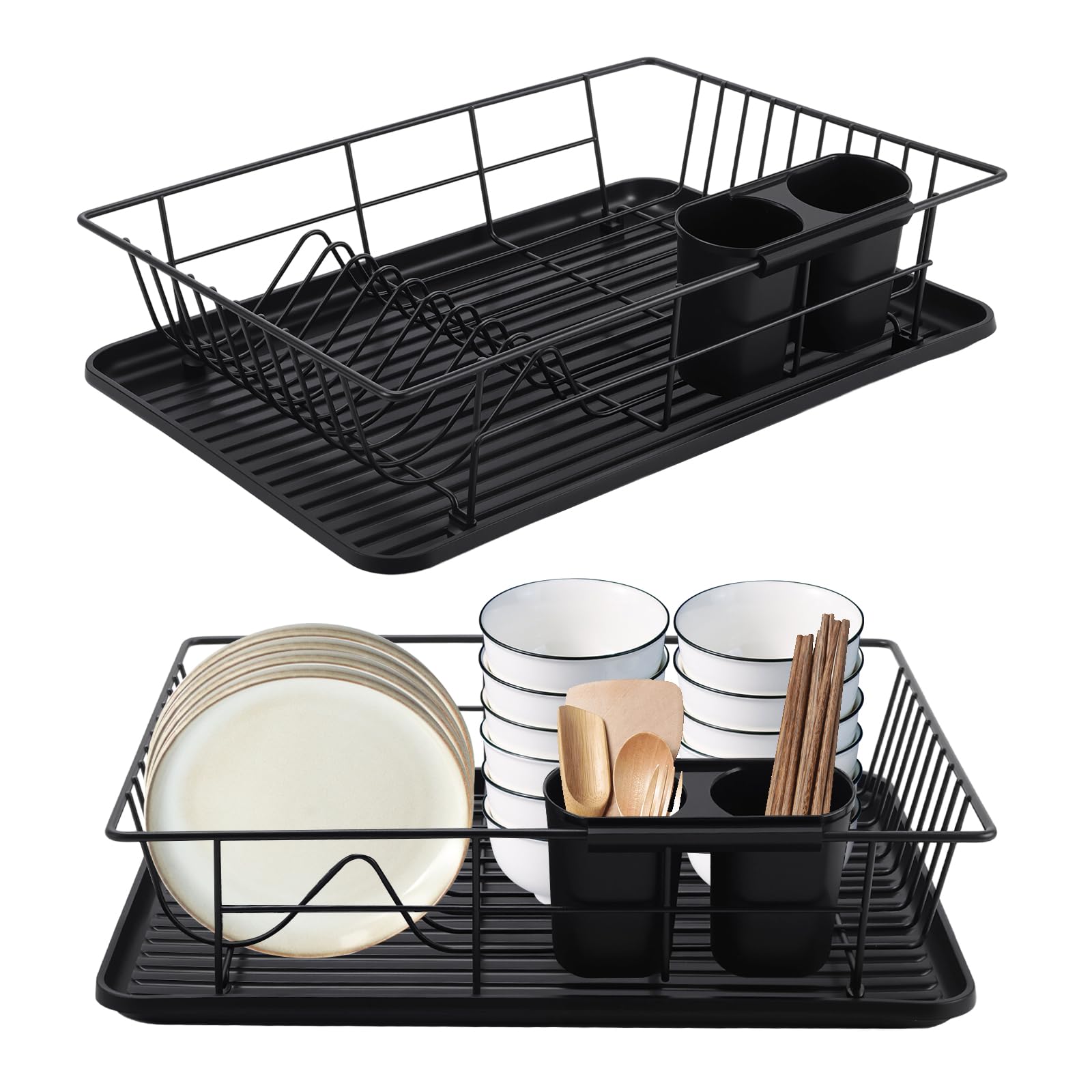 SINJEUN Paquete de 2 escurridores de platos, escurridor de fregadero, bandeja de goteo, escurridor de cocina para secado de fregadero, color negro
