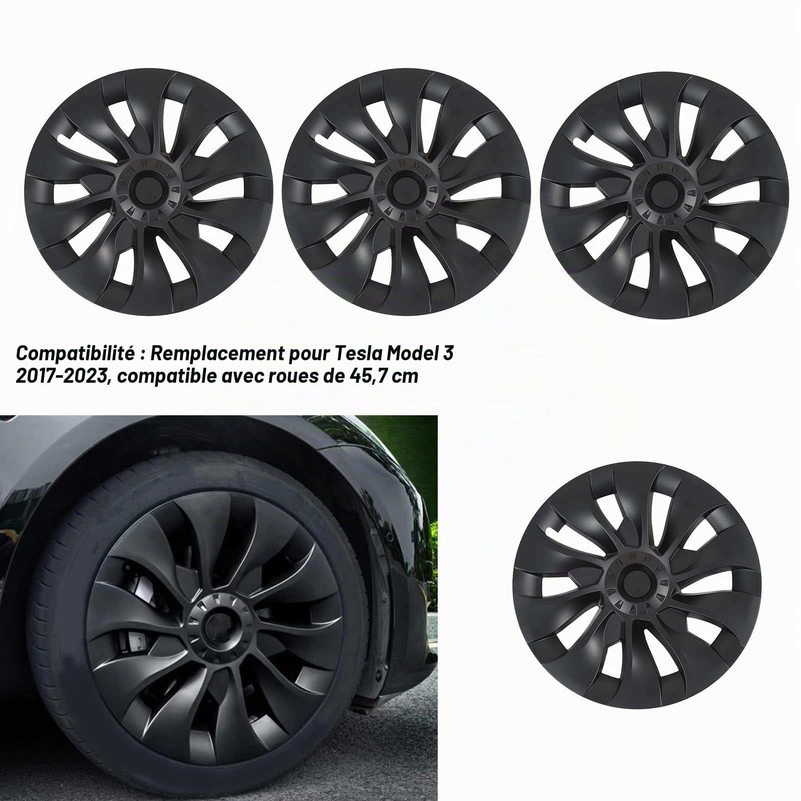Capuchon de Moyeu de Roue, Enjoliveur de Roue Noir Mat de 18 Pouces, Couvre-jante de Voiture, Remplacement D'accessoires Extérieurs pour 2017‑2023