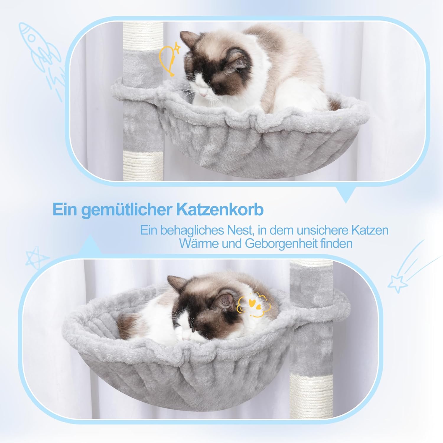 Close-up of a cat resting comfortably in one of the plush cat baskets, illustrating its cozy design.