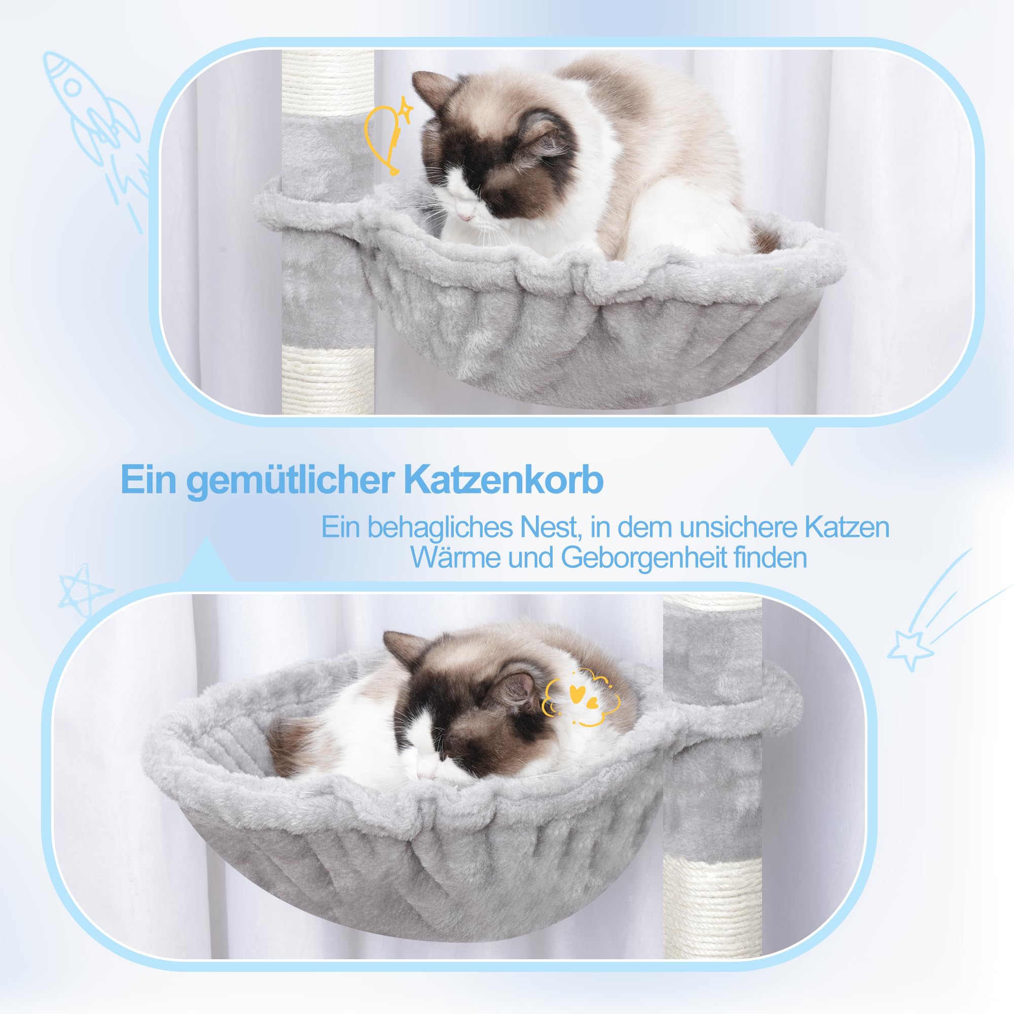 Hey-brother 180 cm XXL Kratzbaum, mit Erweiterung Platz, stabil, MPJ038W | Katzenbaum mit 3 gemütlichen Plattformen, 3 Grosse Höhle und 2 Korb, geeignet für Mehrkatzenhaushalte, Hellgrau