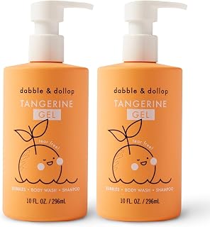 Dabble & Dollop All Natural Tangerine 3-in-1 Body Wash, Shampoo & Bubble Bath for Kids – Tear-Free, Gentle, Hypoallergenic, Vegan, No Parabens or Sulfates (10 fl oz, Pack of 2)