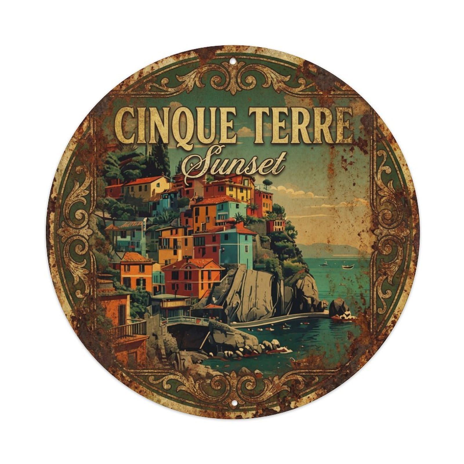 Vintage Travel Cinque Terre Italy Golden Metal Tin Sign