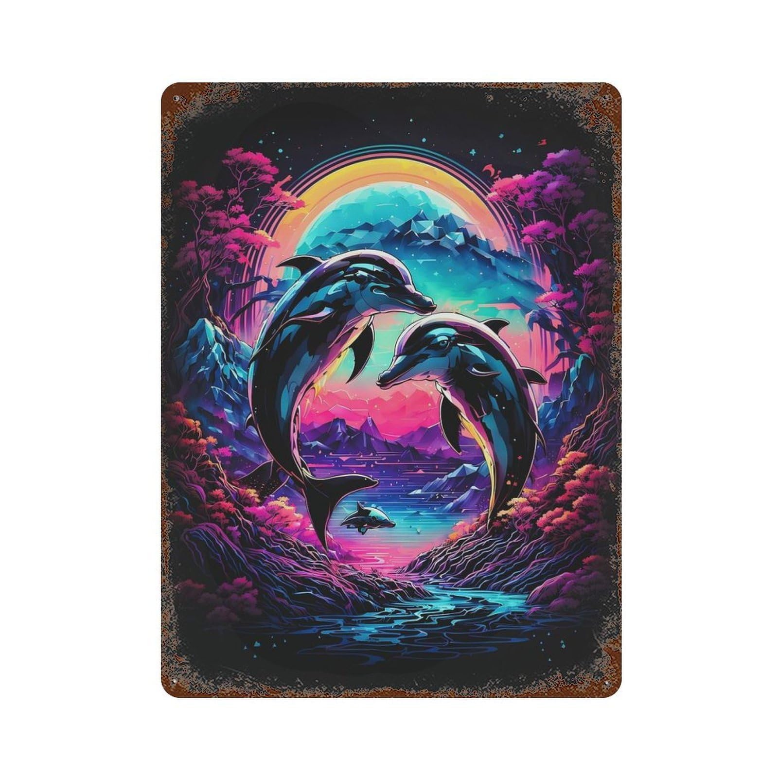 Romantic Dolphins 15.7"x11.8" Rustic Tin Plaque, Retro Wall Decor for Garage, Bar And Workshop Decor