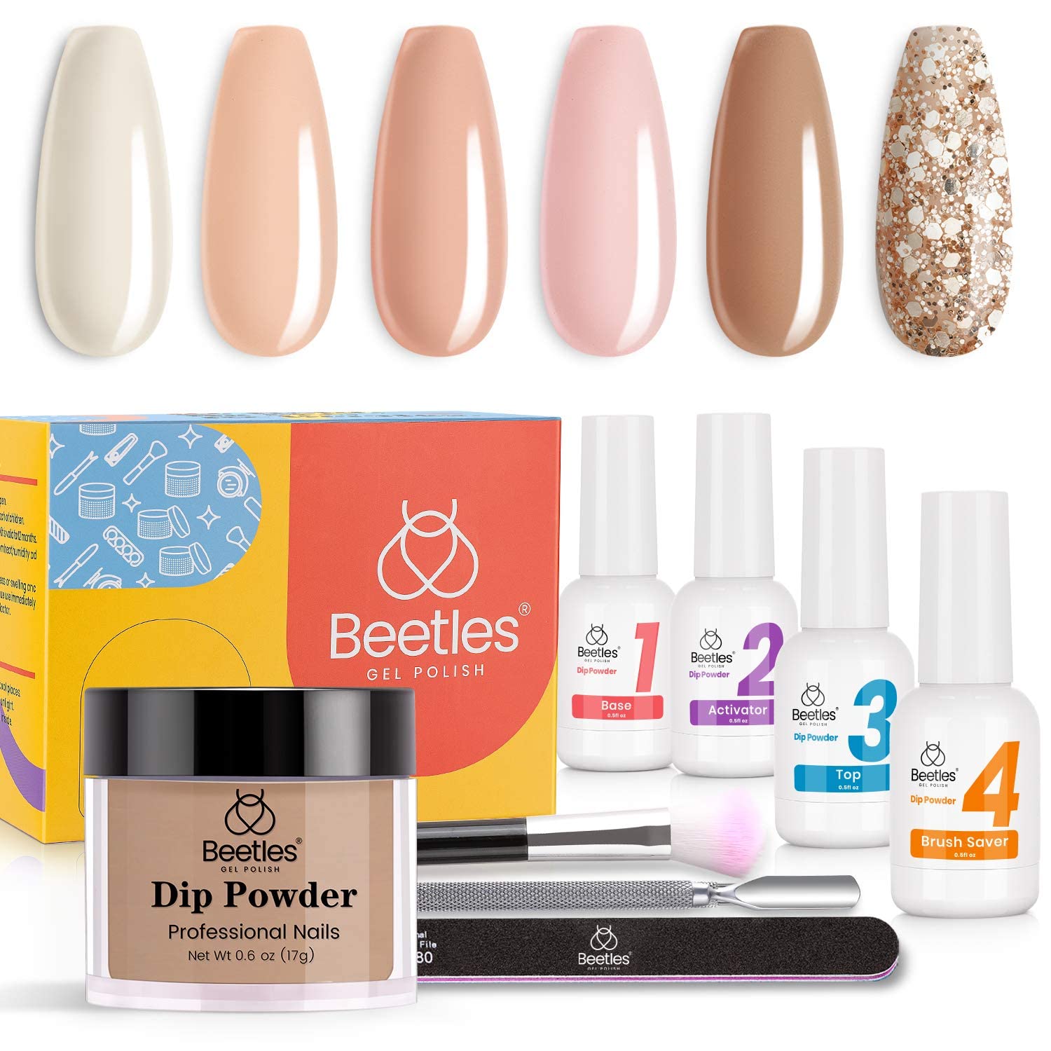 Beetles Nail Dipping Powder 6 Colors Nude Pink Glitter Nail Dip Kit Nail Art Set Dip Powder Manicure Kit DIY Home Salon