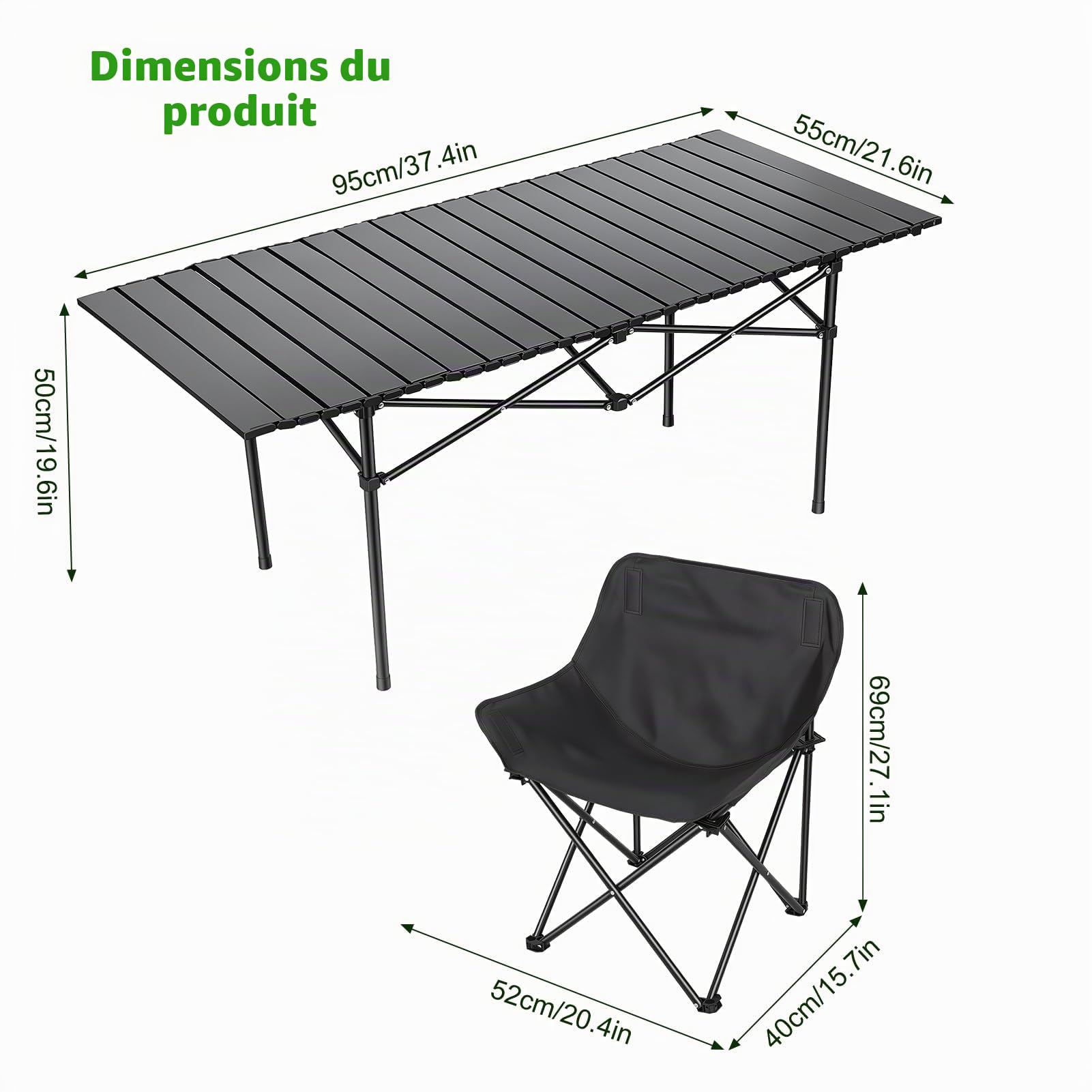 Ensemble table chaise camping 5 pieces, table camping pliante et 4 chaises pliantes, mobilier campings pliant en acier carbone, tables pique nique pliante portable jardin terrasse peche (Noir)