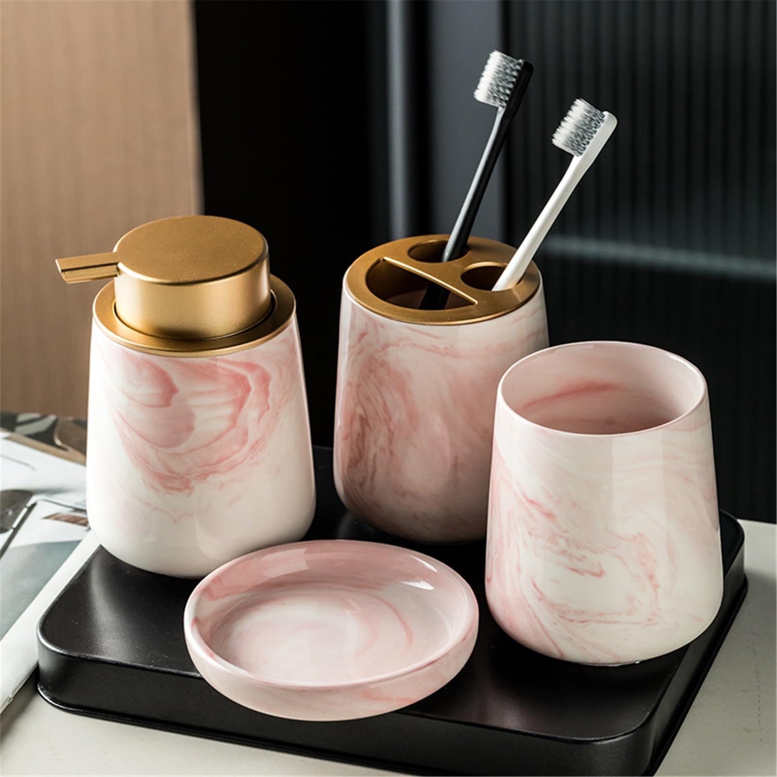Dozownik płynu do mycia naczyń, ceramiczny z marmurowym wzorem, czteroczęściowy zestaw, lekki luksusowy dozownik mydła do łazienki (Grigio)