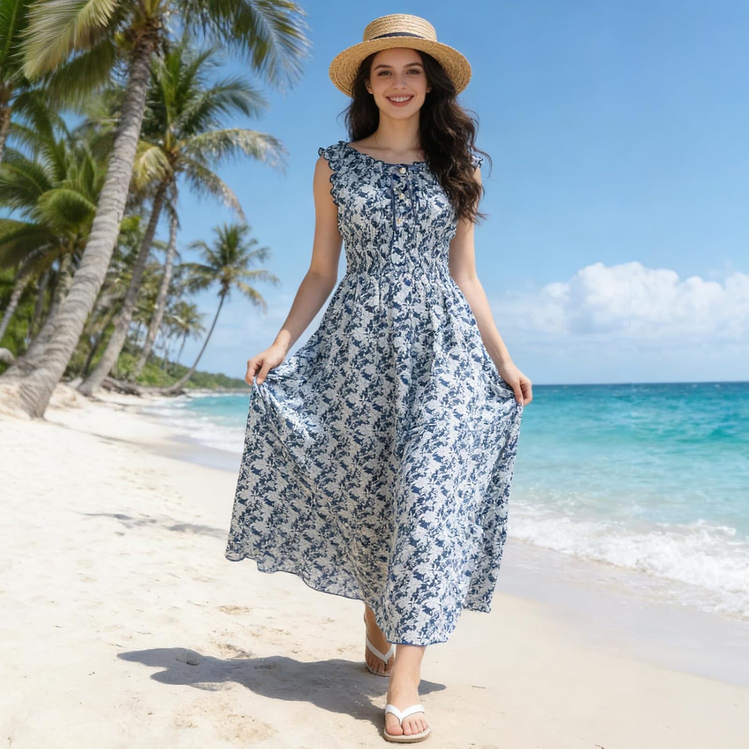 MISSMILLER Women's 2026 Summer Boho Floral Print Sleeveless Casual Tiered Sundresses Flowy Beach Long Maxi Dress - Image 2