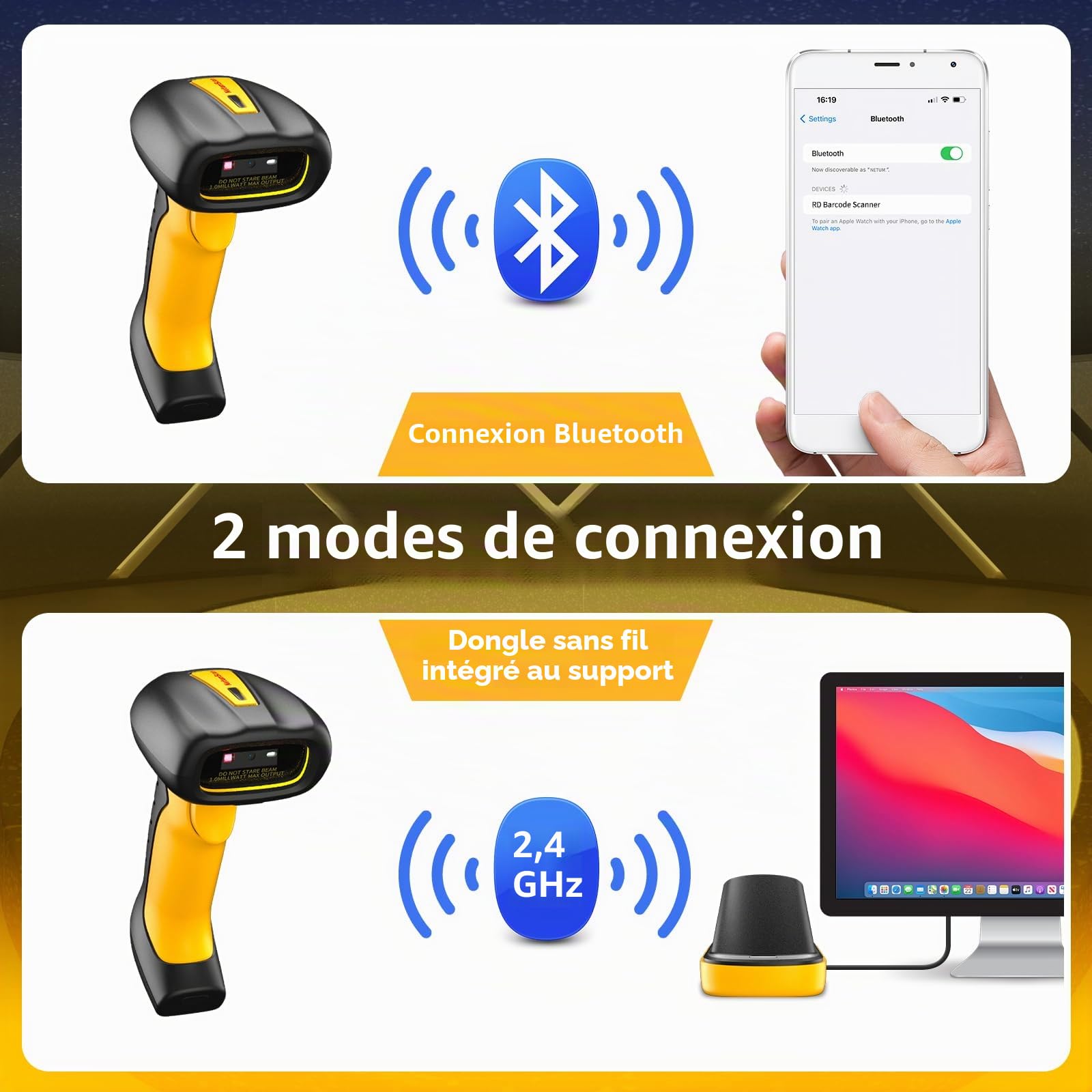 NetumScan Lecteur de codes-barres Bluetooth sans fil 1D/2D de qualité industrielle, batterie 2600 mAh avec station de charge, compatible avec POS, PC, iPhone, Android pour vente au détail (jaune)