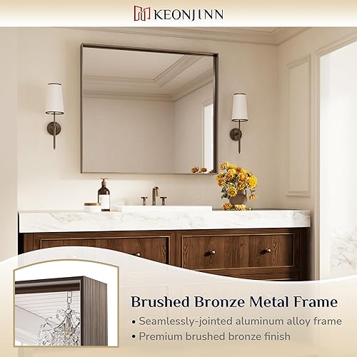 Miniatura 203 de Keonjinn Espejo de baño dorado de 48 x 36 pulgadas, espejo rectangular con marco de metal dorado cepillado, espejo de pared grande rectangular