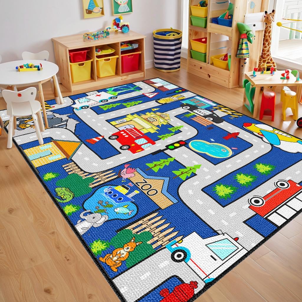 kids carpet playmat rug - kids car rug play mat, city life map car mat for toy educational play traffic road carpet track for bedroom(sky blue, 5x7 feet) multi 1899 5' x 7' (rectangular)