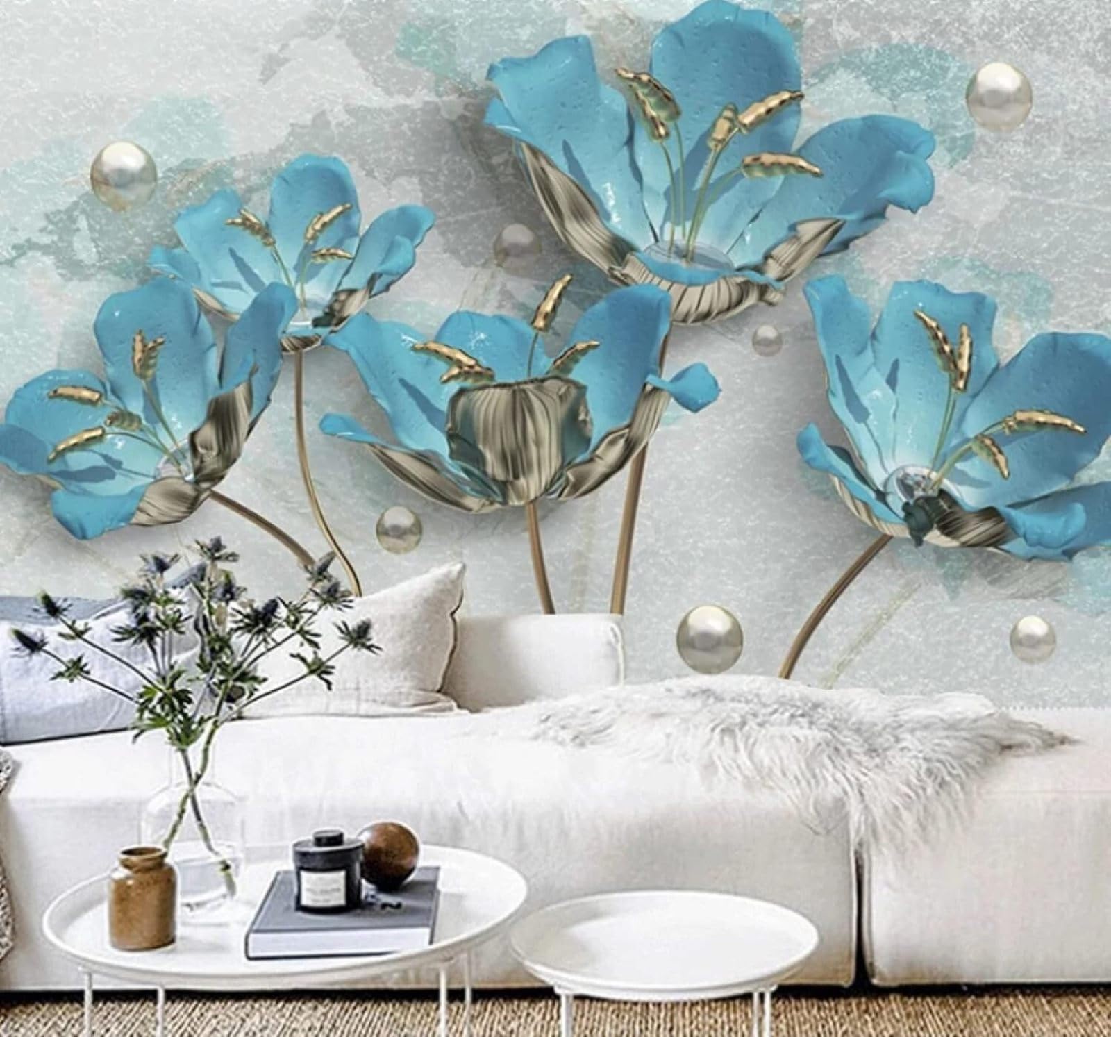 XLMING Relief Fresh Three Dimensional Blue Flowers 3D Wallpaper Luxury Home Dining Decor Paste Sofa Living Room The Wall for Bedroom Mural-200cm×140cm