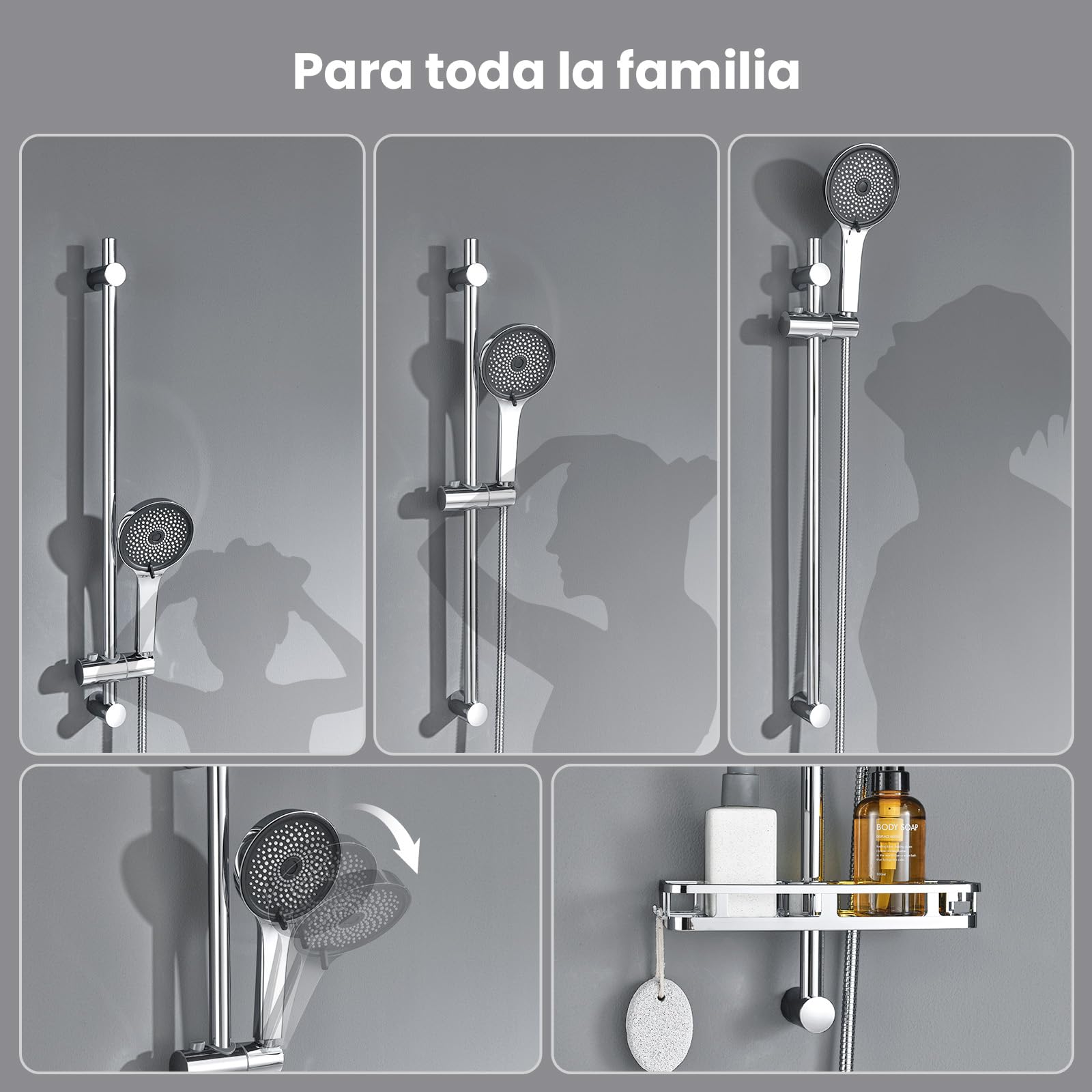 Auralum Barra de Ducha de Acero Inoxidable 70cm con Estante y Alcachofa de Ducha 5 Modos, Columna Ducha Sin Grifo Soporte Ajustable y Flexo Inoxidable de 150cm, Compatible con Orificios Existentes — view 3