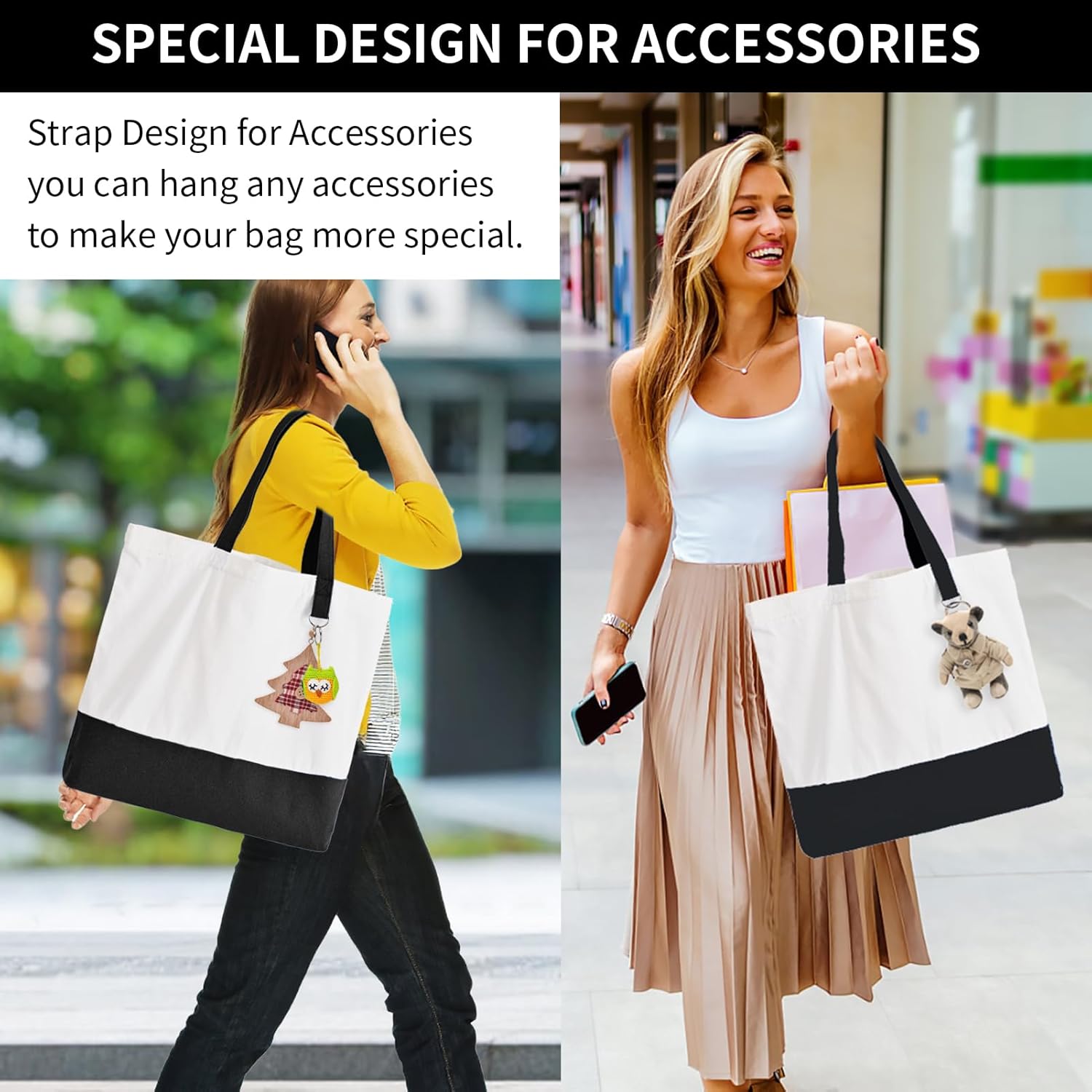 6 Pack Canvas Tote Bags with Zipper, HWJH Blank Reusable Grocery Bags, Widened Washable Bag with Inner Pocket, Shopping Travel Large Tote Bags for DIY Heat Transfer, Christmas Craft Gift (Black/White) - Image 2