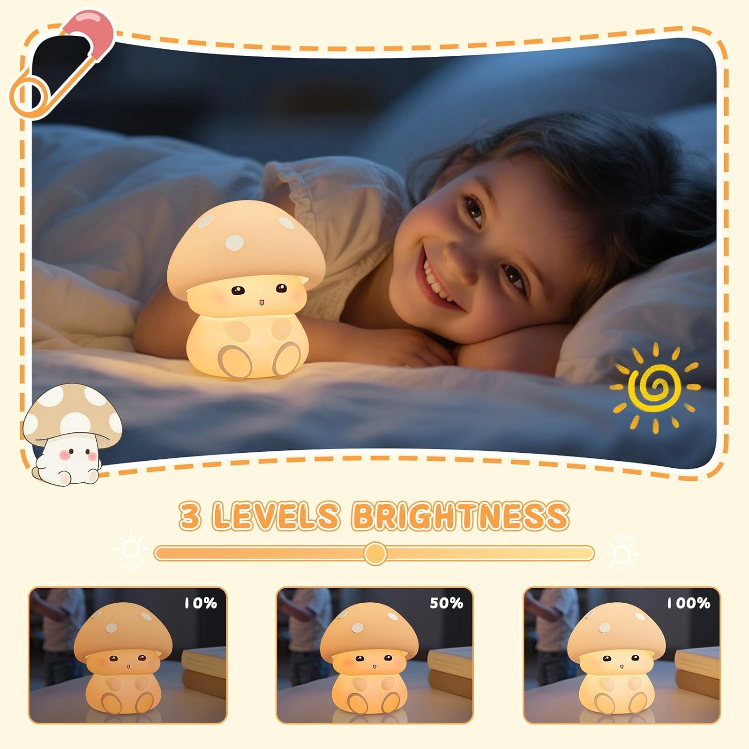 OOWOKS Lampada da notte a forma di fungo in silicone per bambini luminosità regolabile bianco caldo e modalità a 7 colori lampada da comodino per neonati lampada LED dimmerabile per bambini