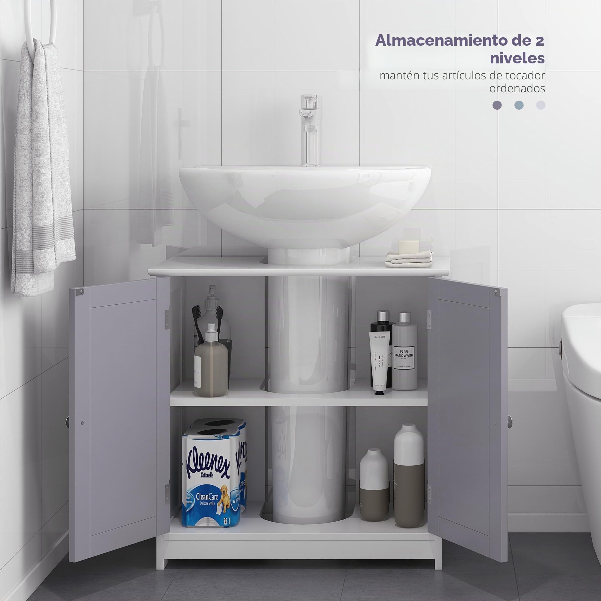 kleankin Armario bajo Lavabo, 2 Puertas, Estante Ajustable, Blanco Gris | Armario bajo lavabo independiente, para lavabo sin o con pedestal