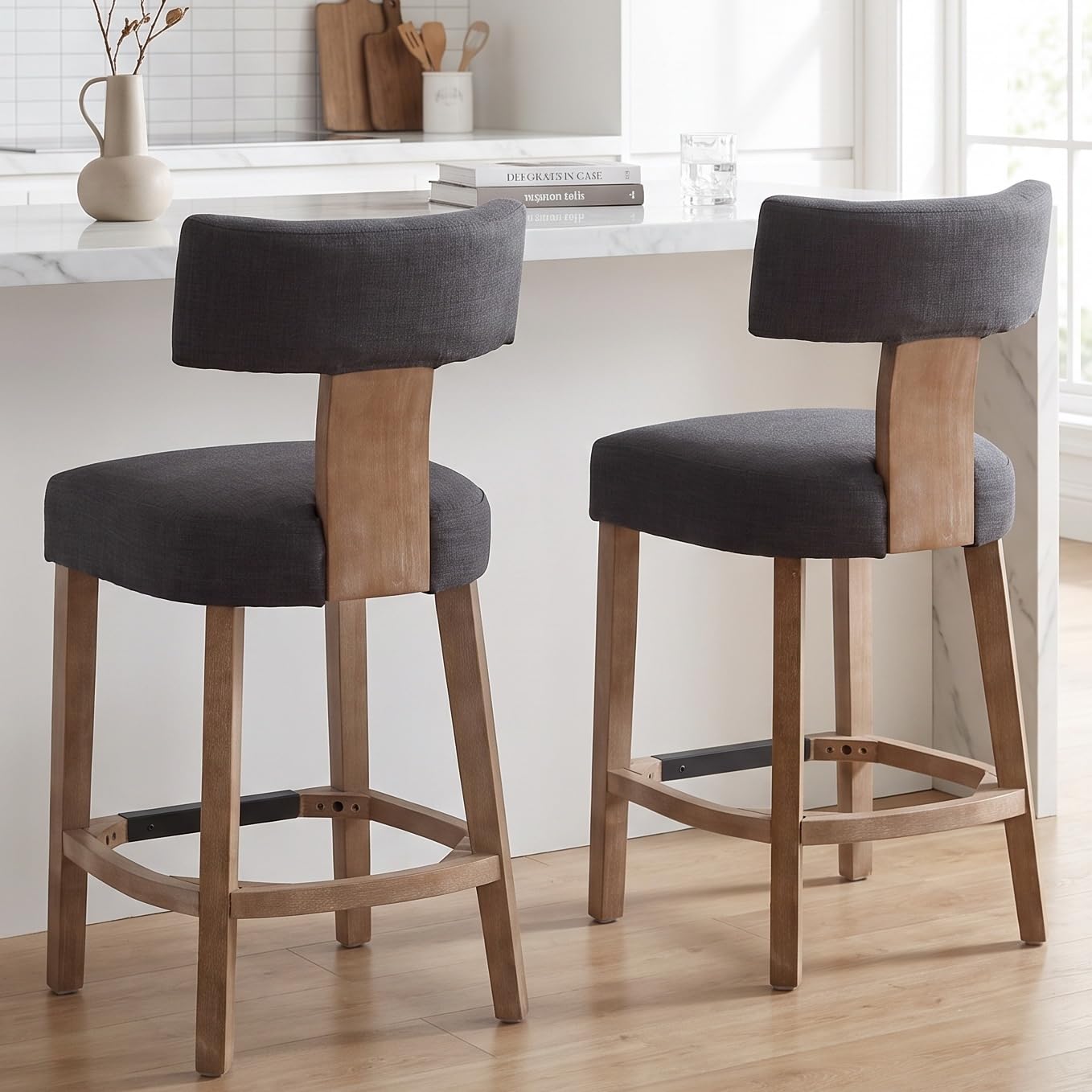 RIVOVA 26” Bar Stools Set of 2 Counter Height Bar Stools Modern Kitchen Bar Stools with Back and Solid Wood Legs, Farmhouse Upholstered Island Stools Countertop Bar Chairs, Charcoal